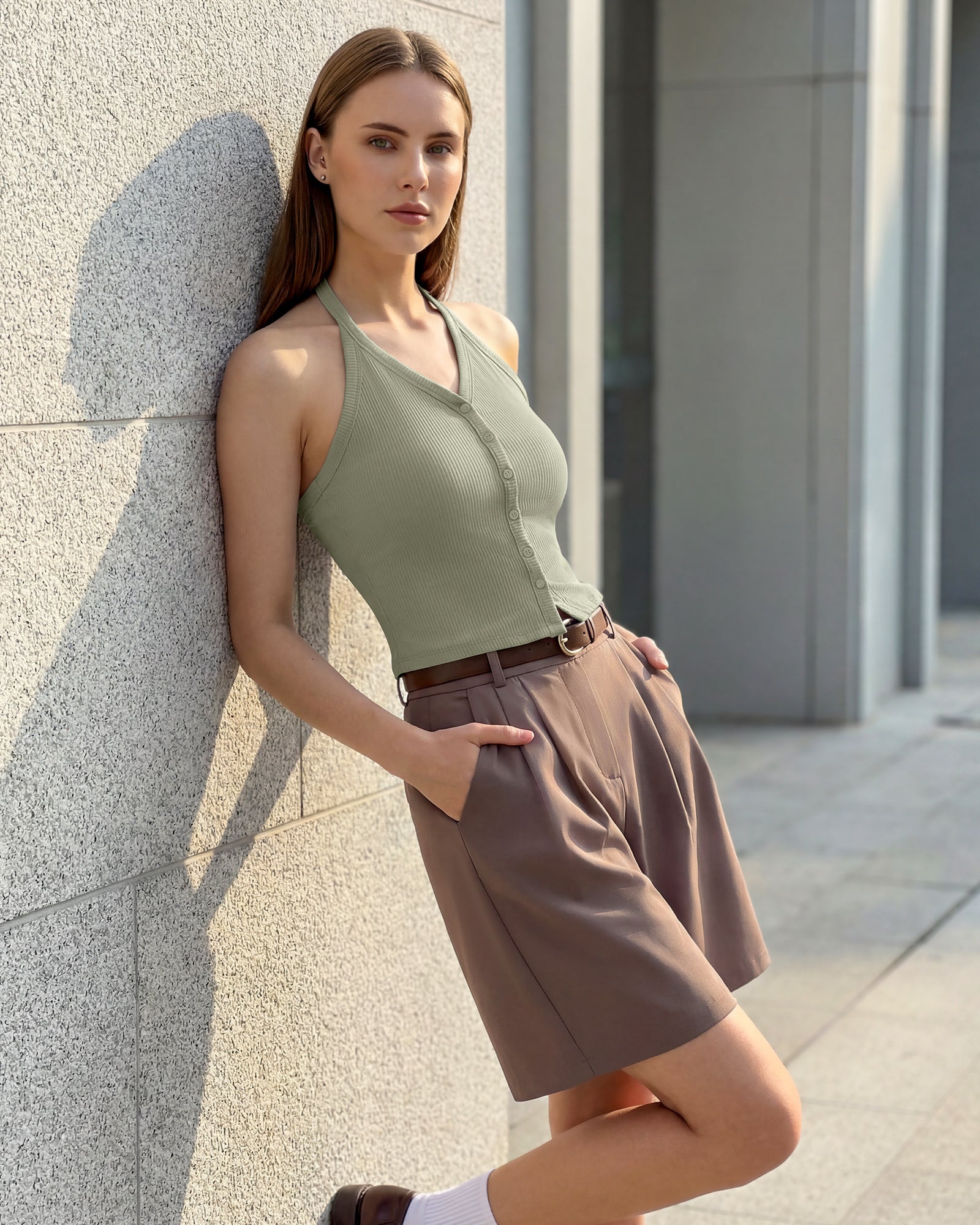G4Free Ribbed Backless Halter Crop Cami