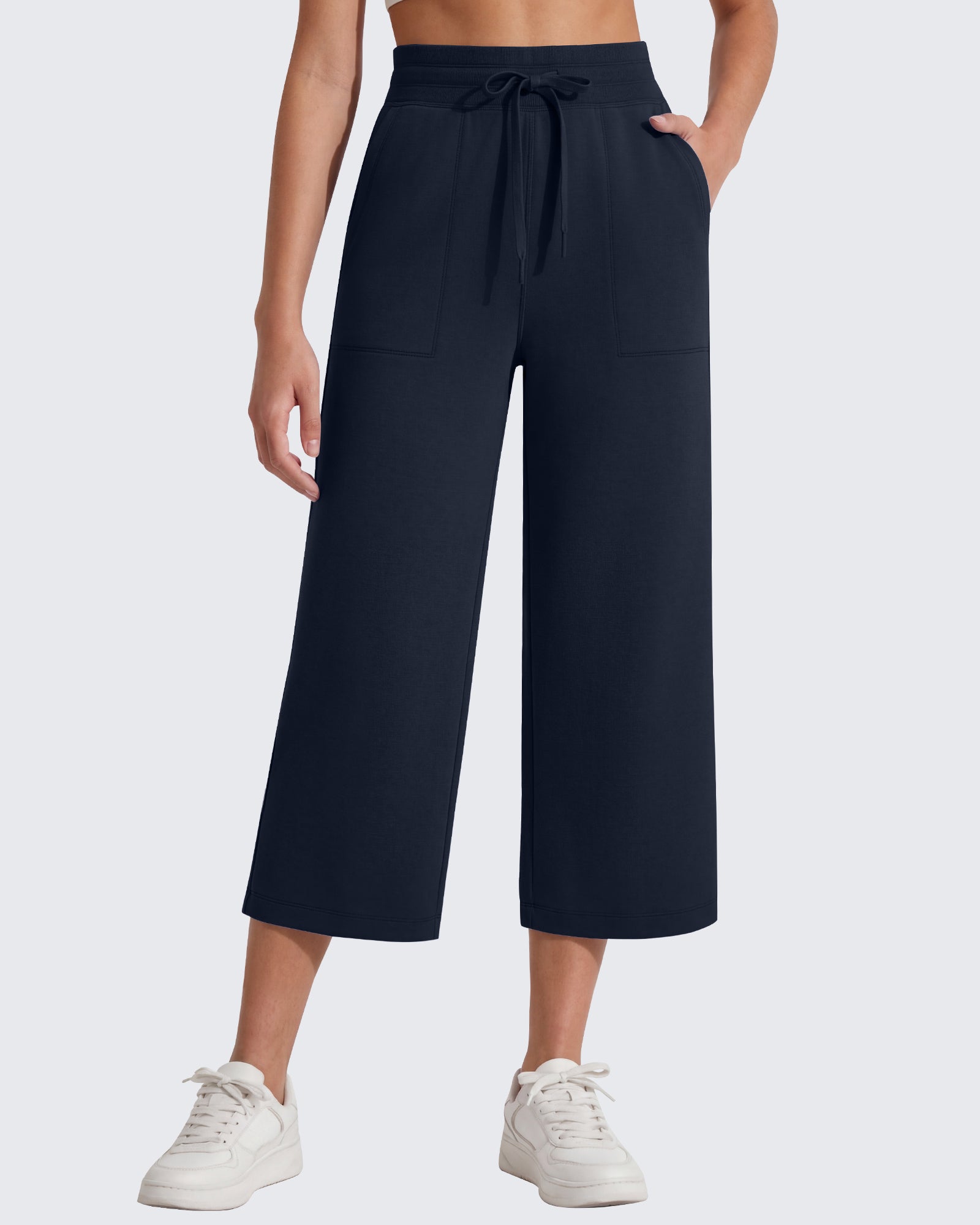 G4Free Smoofit High Waisted Drawstring Wide Leg Capris with Pockets