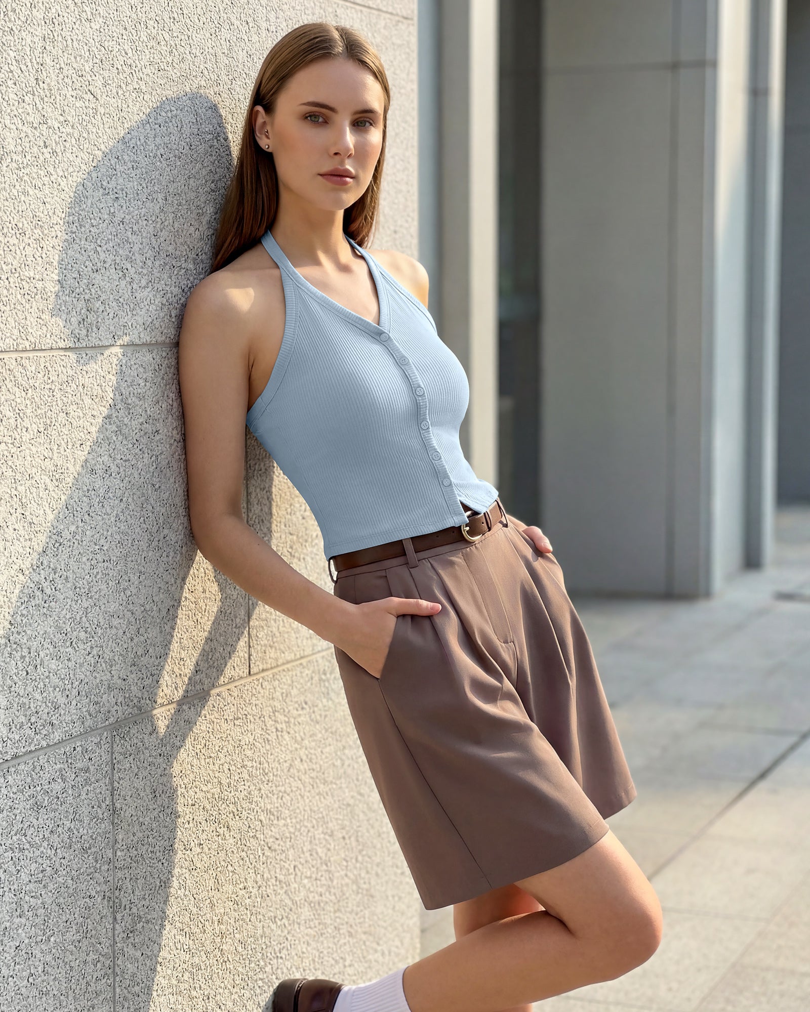 G4Free Ribbed Backless Halter Crop Cami