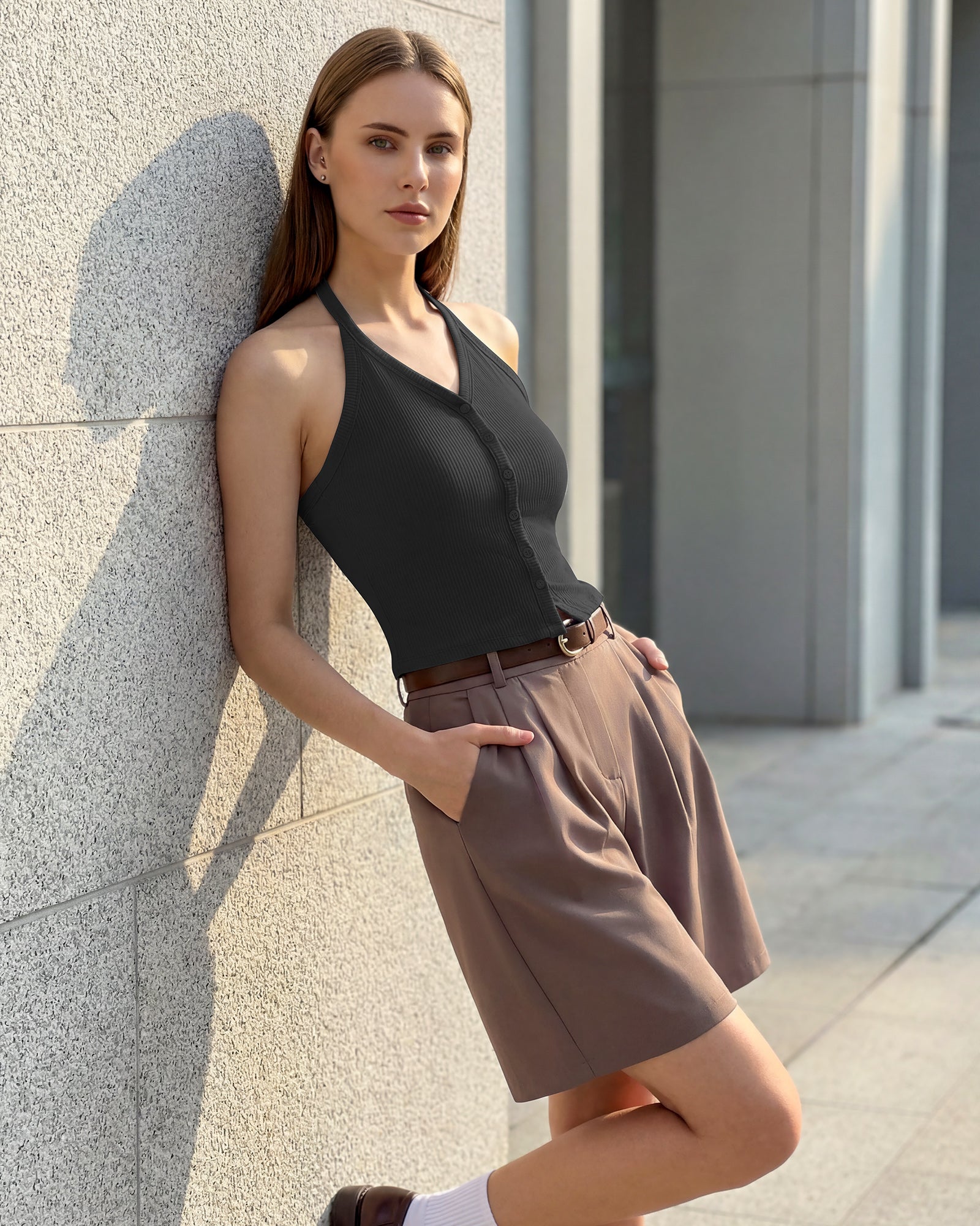 G4Free Ribbed Backless Halter Crop Cami