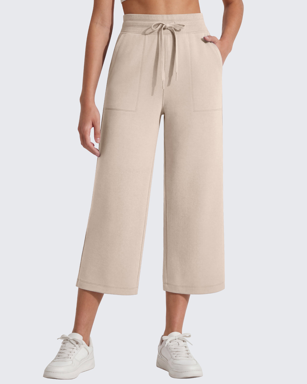 G4Free Smoofit High Waisted Drawstring Wide Leg Capris with Pockets