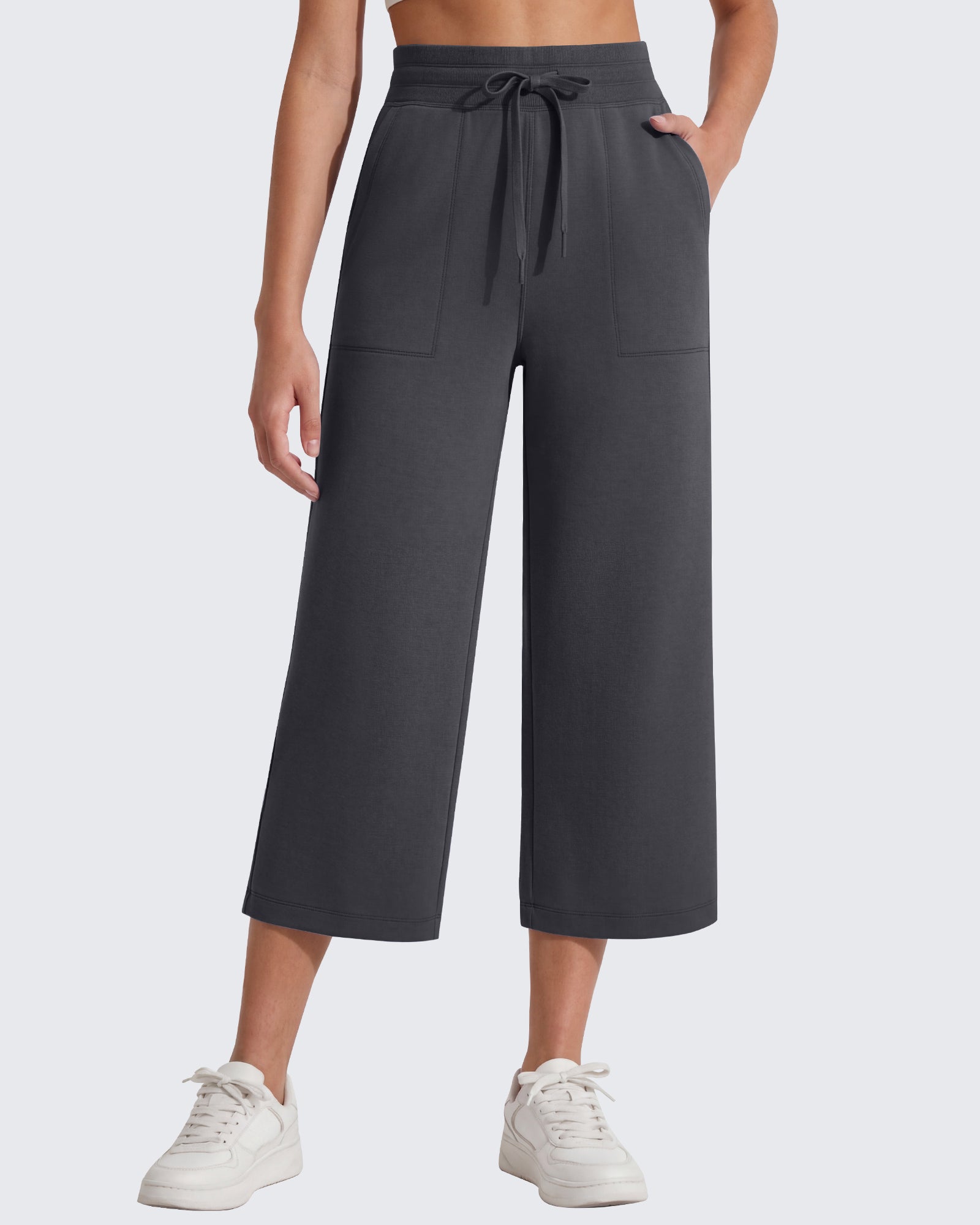 G4Free Smoofit High Waisted Drawstring Wide Leg Capris with Pockets