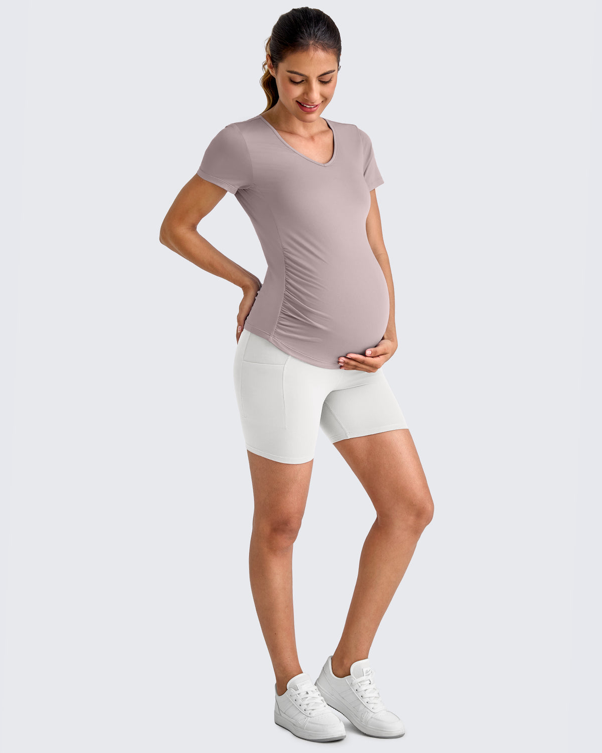 Lightweight V Neck Side Ruched Maternity Short Sleeve - G4Free