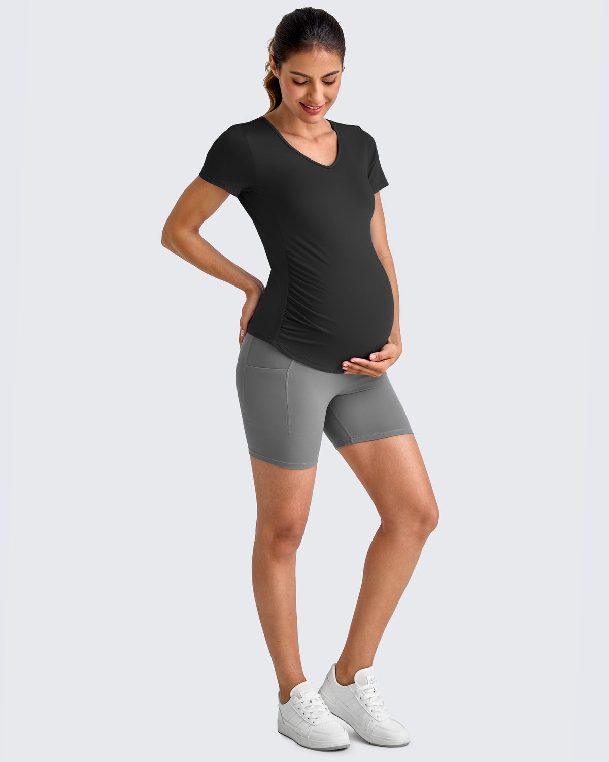 Lightweight V Neck Side Ruched Maternity Short Sleeve - G4Free