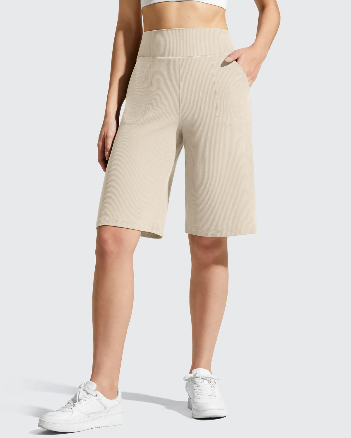 Ribbed Bermuda High-Waist Knee Length Shorts 11''