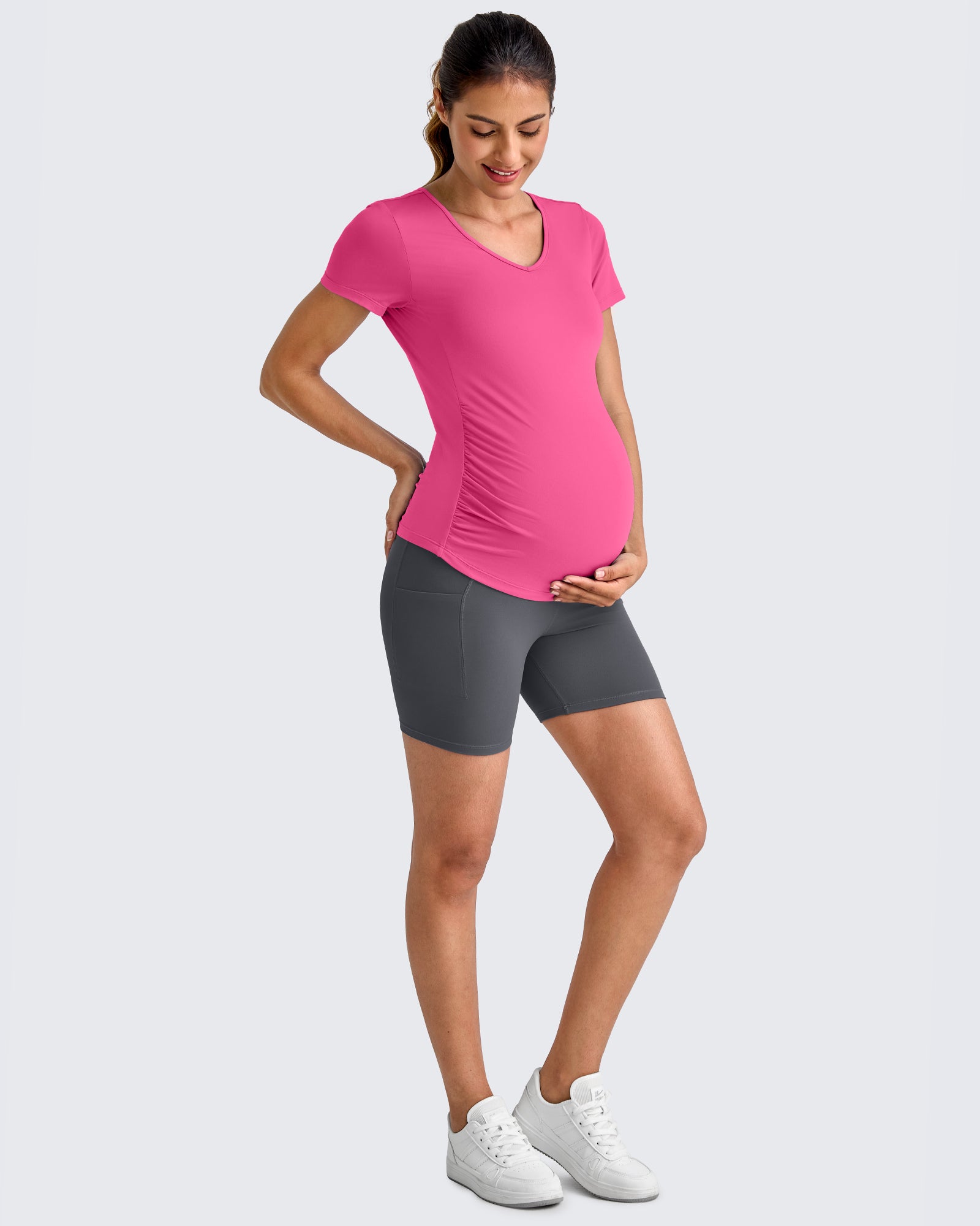 Lightweight V Neck Side Ruched Maternity Short Sleeve - G4Free