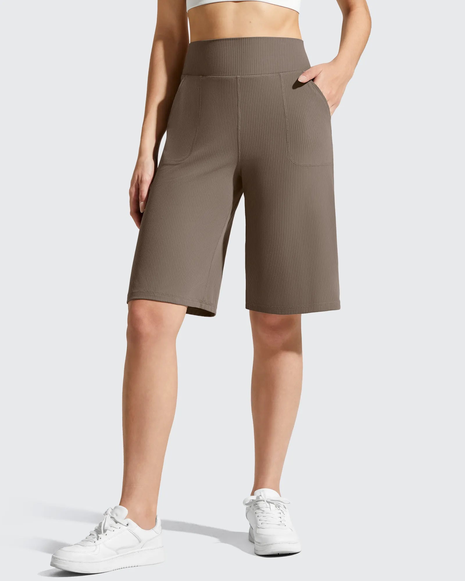 Ribbed Bermuda High-Waist Knee Length Shorts 11''