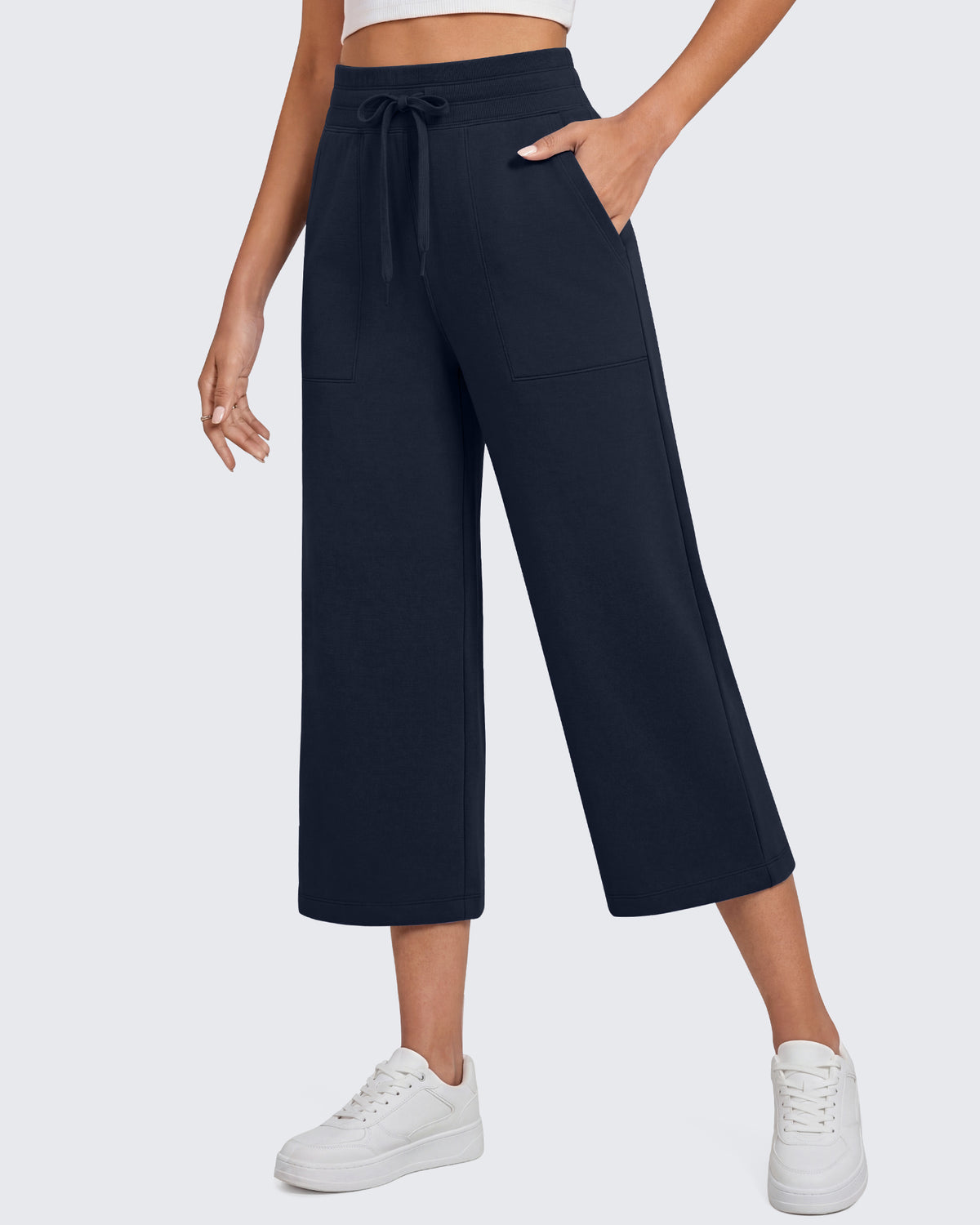 G4Free Smoofit High Waisted Drawstring Wide Leg Capris with Pockets