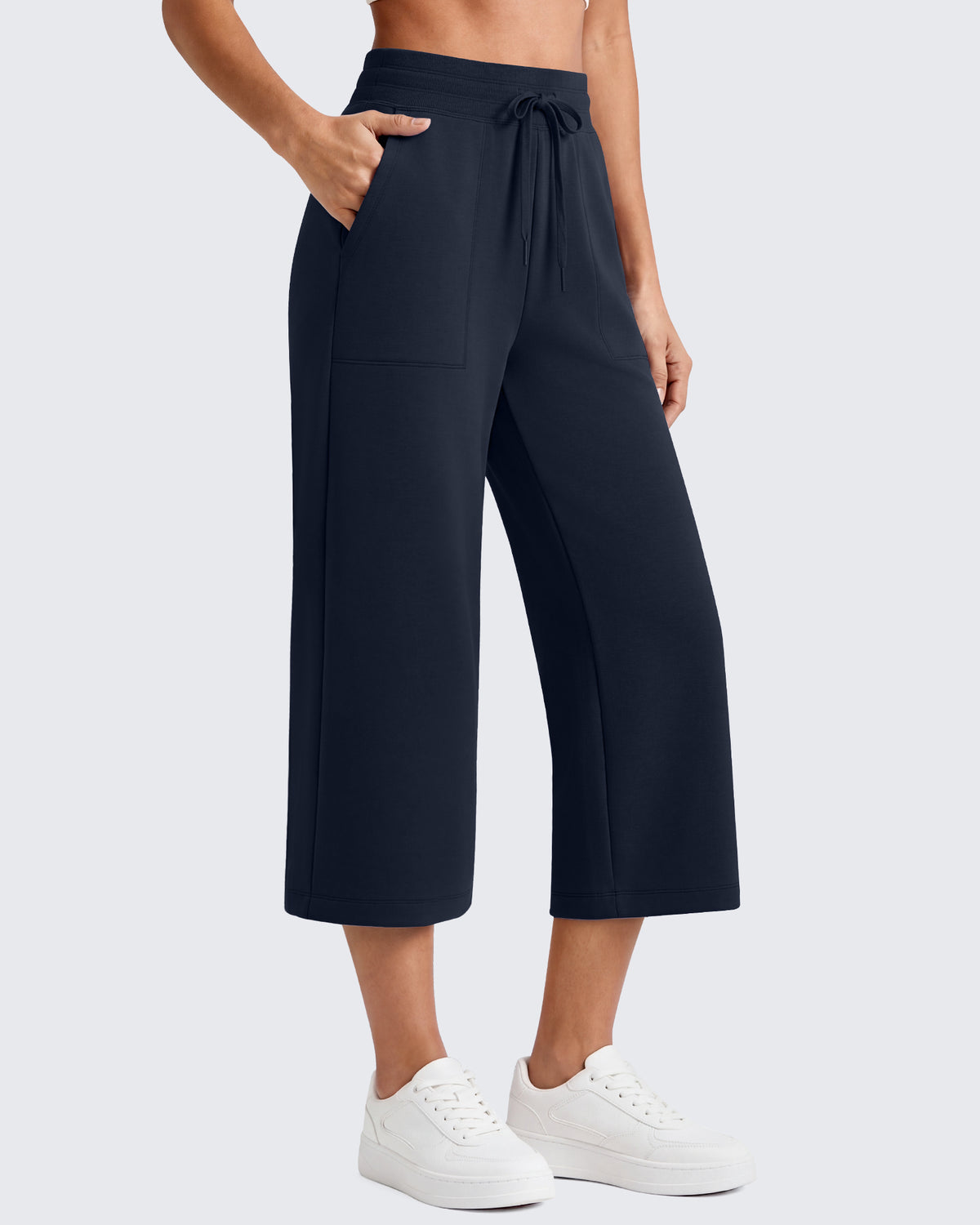G4Free Smoofit High Waisted Drawstring Wide Leg Capris with Pockets