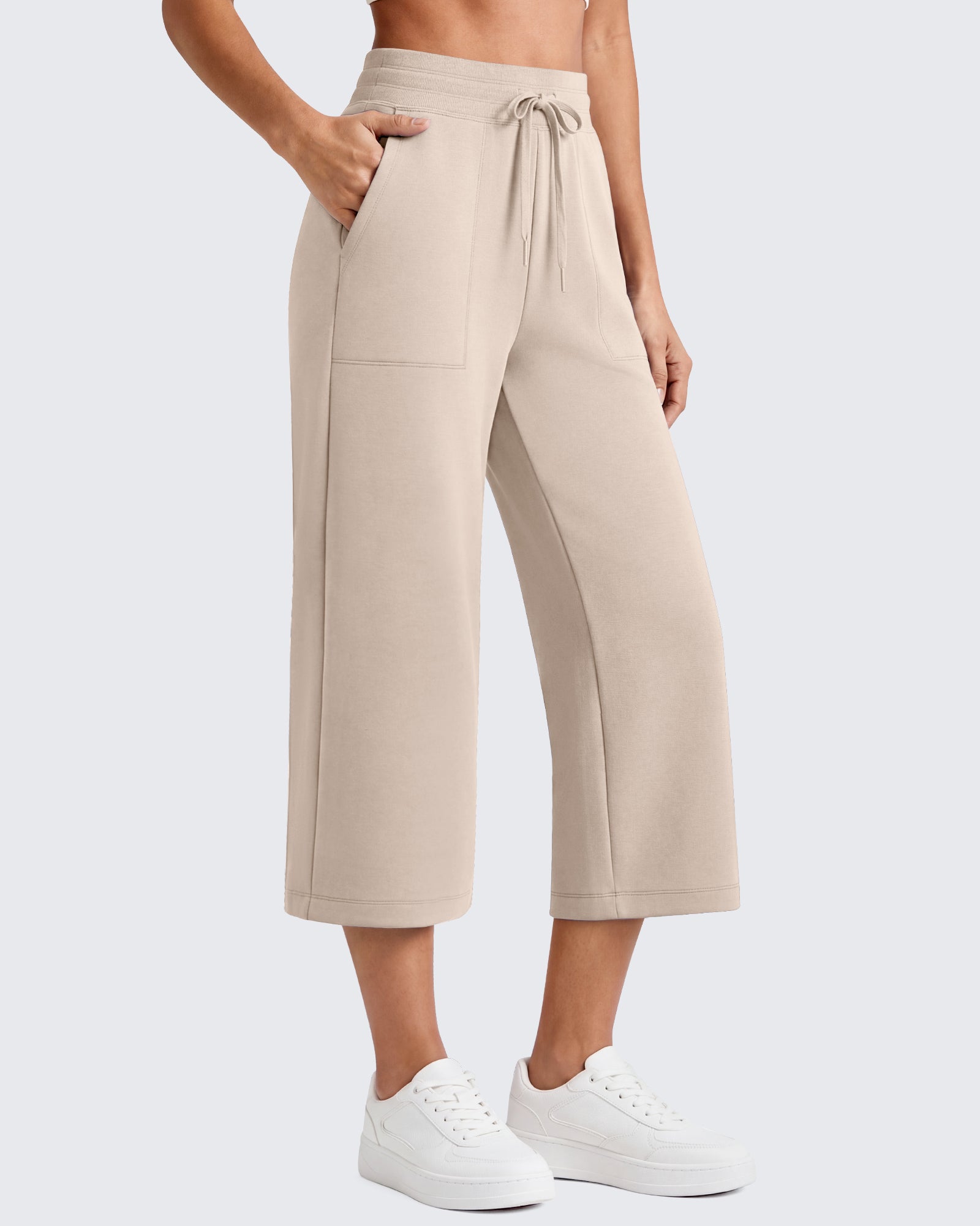 G4Free Smoofit High Waisted Drawstring Wide Leg Capris with Pockets