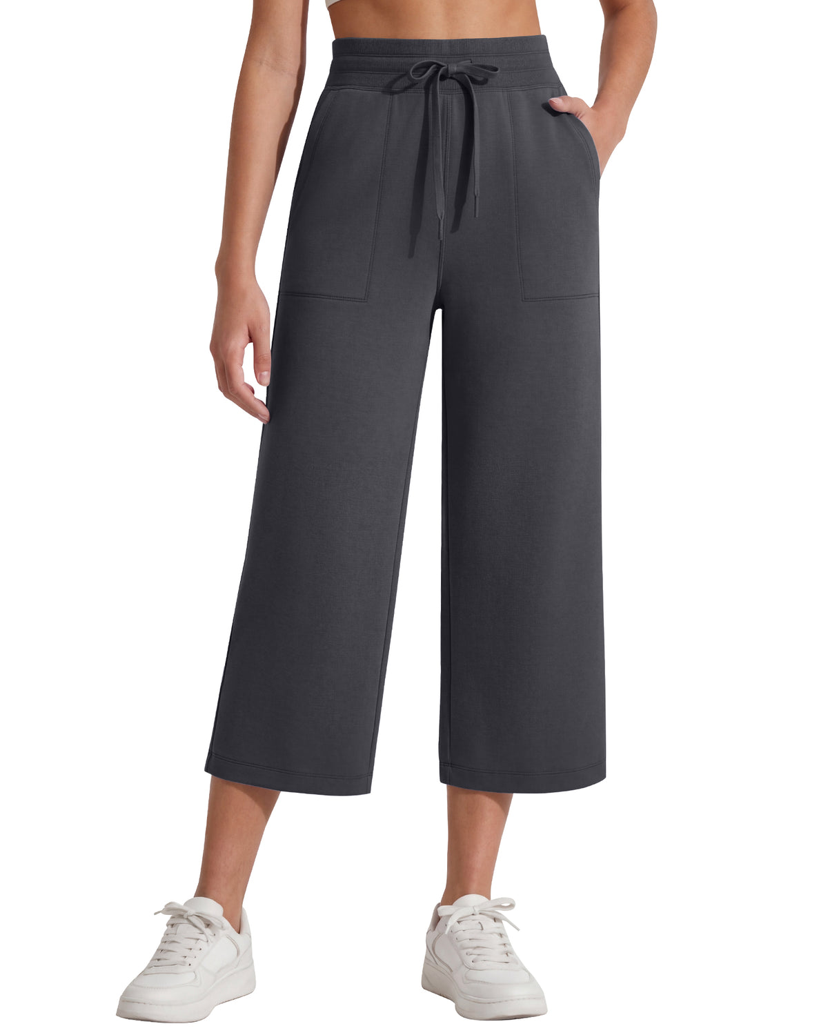 G4Free Smoofit High Waisted Drawstring Wide Leg Capris with Pockets