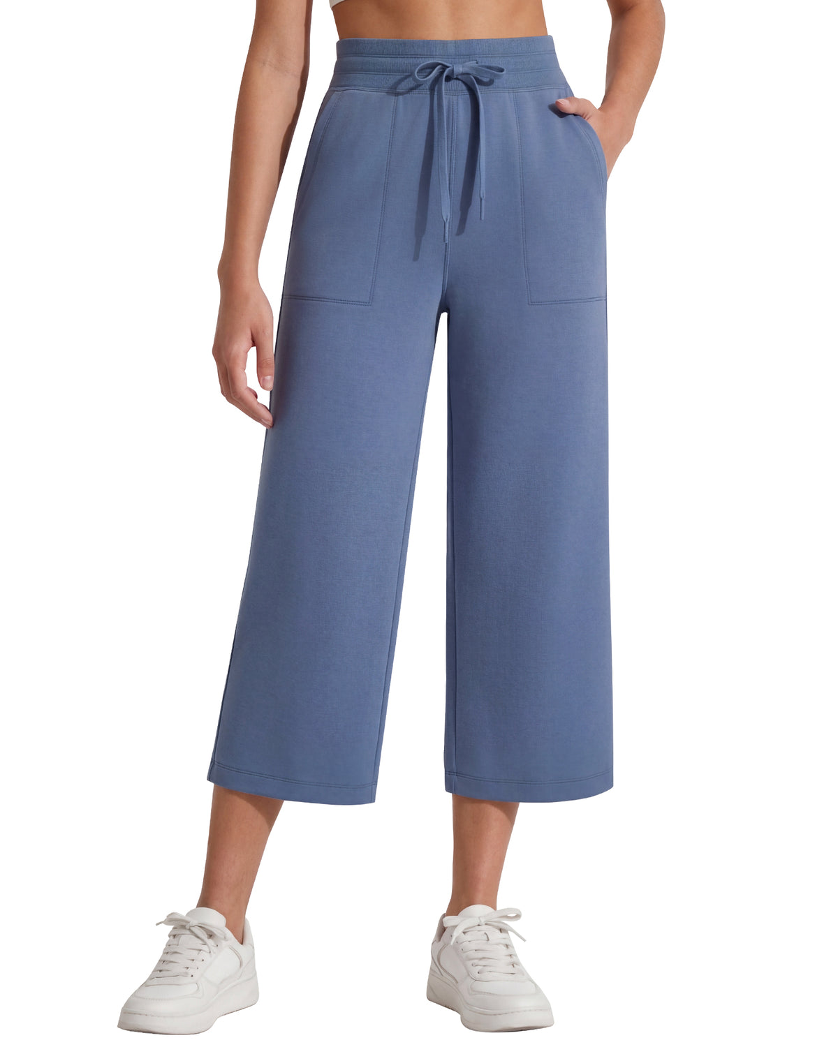 G4Free Smoofit High Waisted Drawstring Wide Leg Capris with Pockets