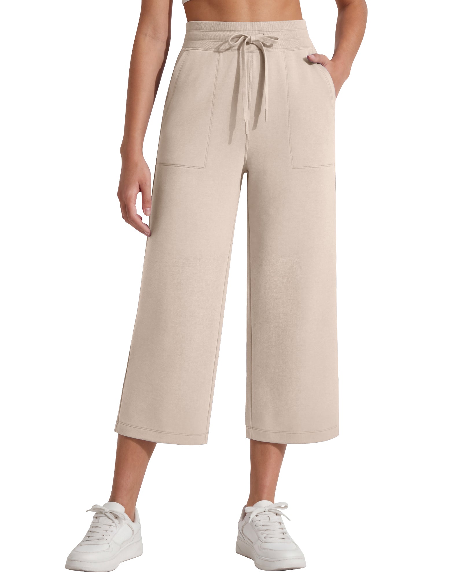 G4Free Smoofit High Waisted Drawstring Wide Leg Capris with Pockets