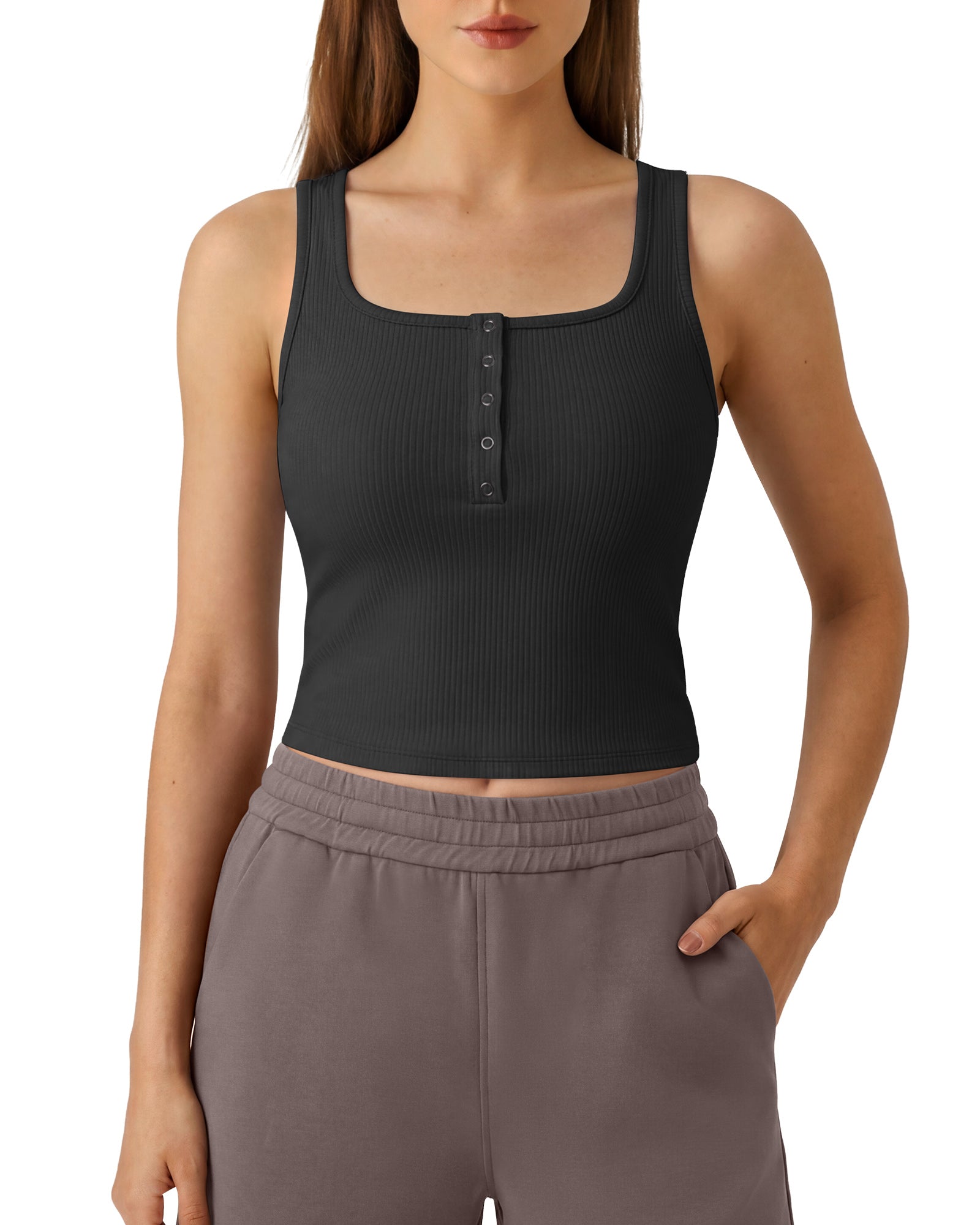 Neck Sleeveless Crop Tops G4Free Ribbed Cropped Henley Tank Top