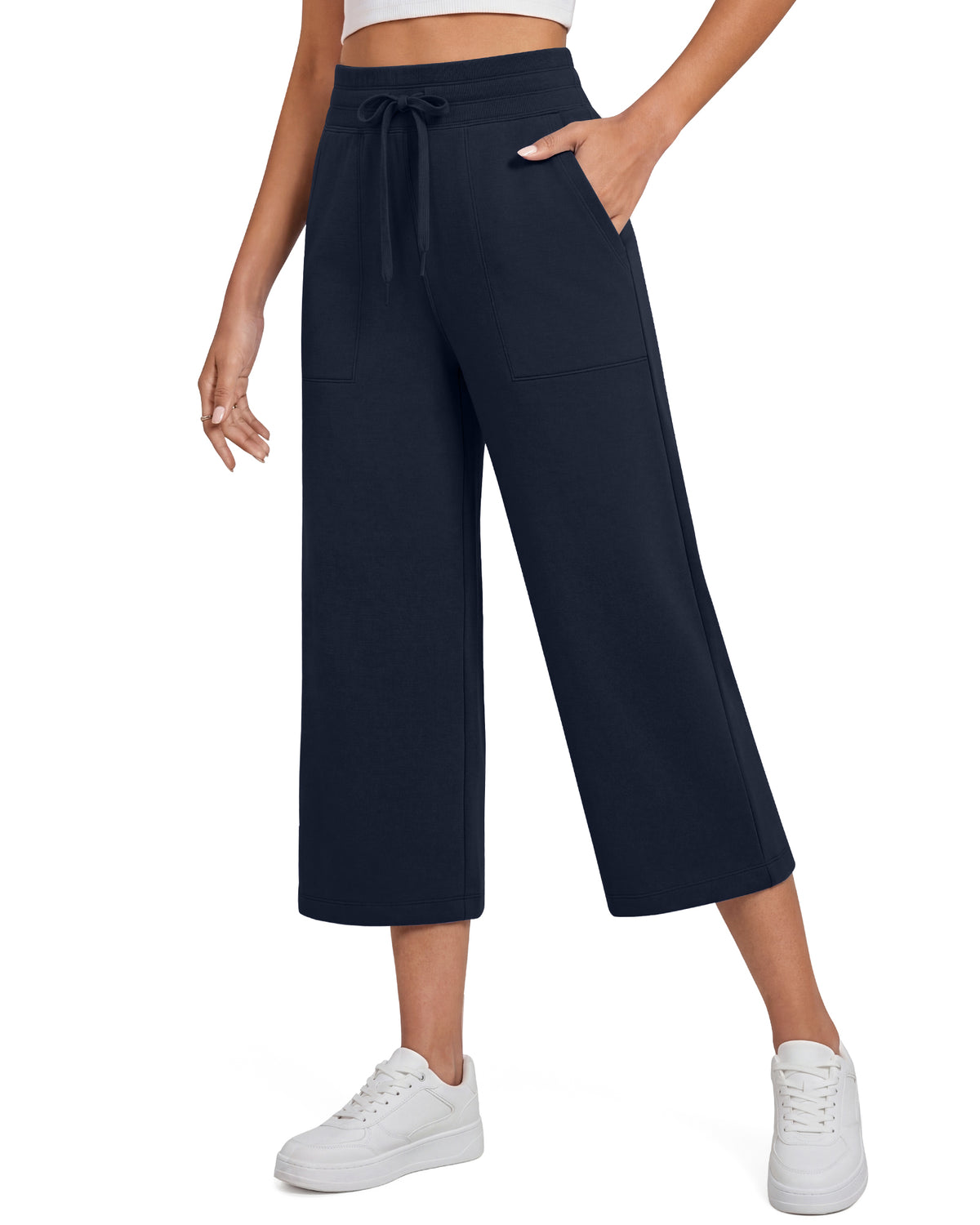 G4Free Smoofit High Waisted Drawstring Wide Leg Capris with Pockets