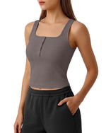 Neck Sleeveless Crop Tops G4Free Ribbed Cropped Henley Tank Top