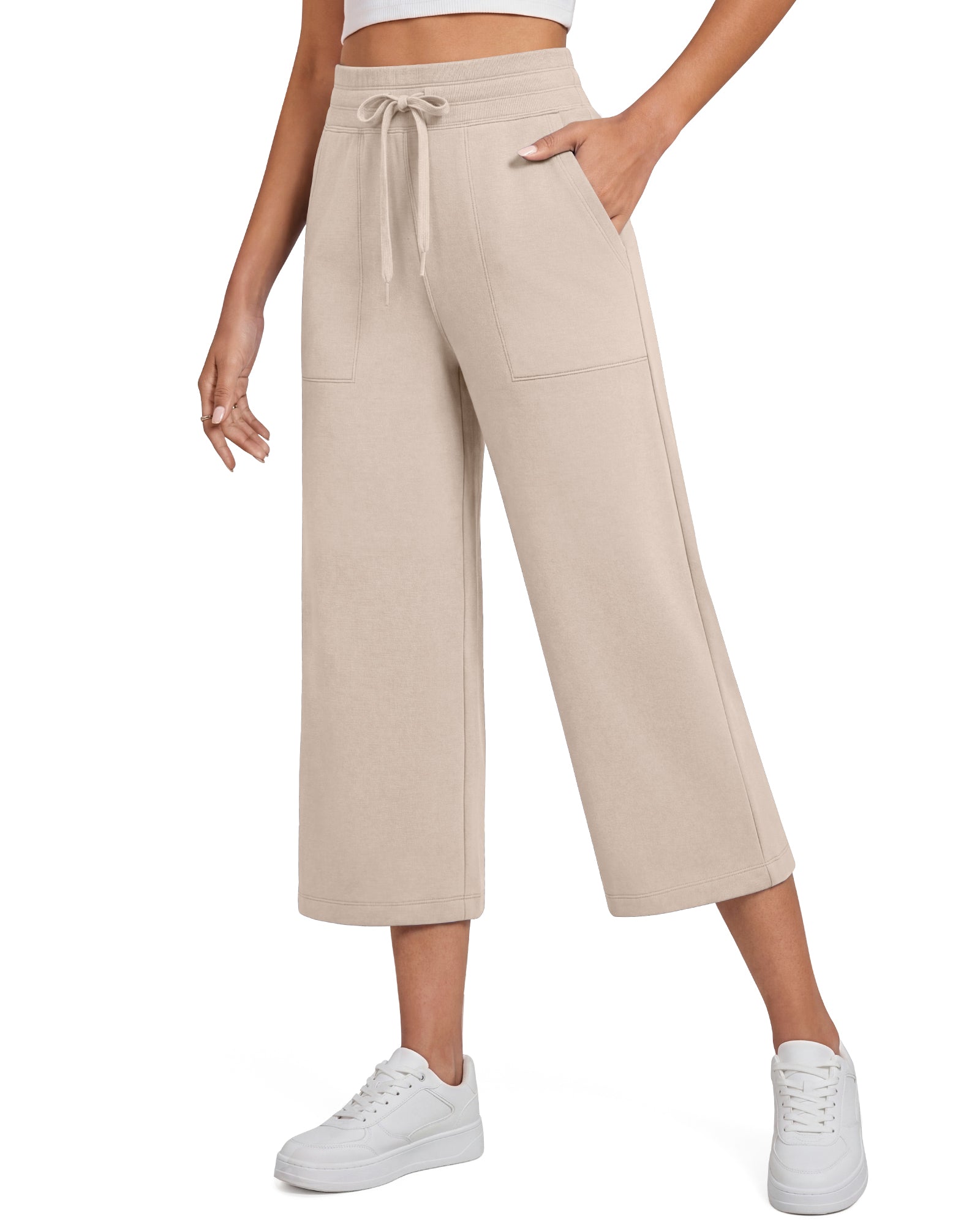 G4Free Smoofit High Waisted Drawstring Wide Leg Capris with Pockets