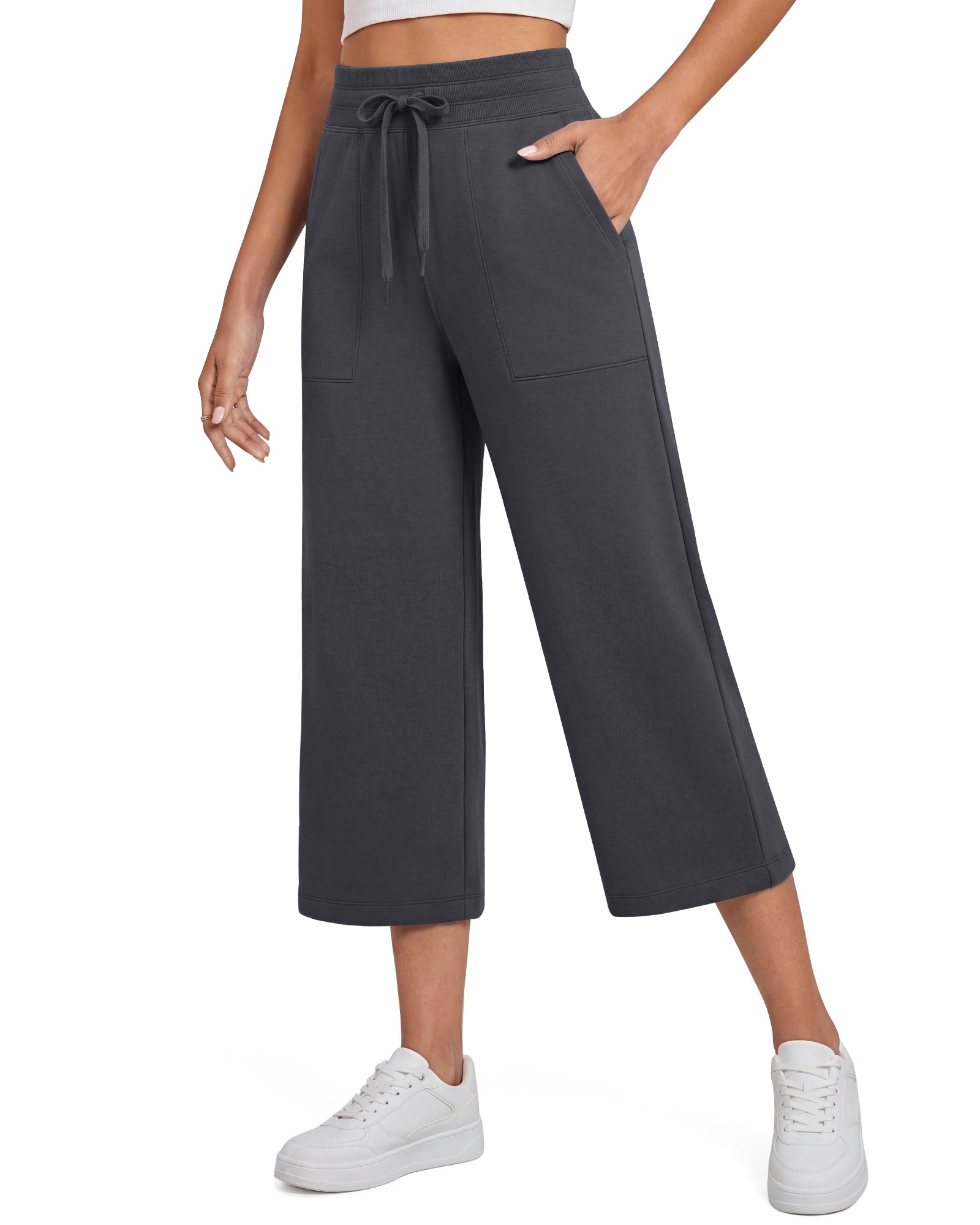 G4Free Smoofit High Waisted Drawstring Wide Leg Capris with Pockets