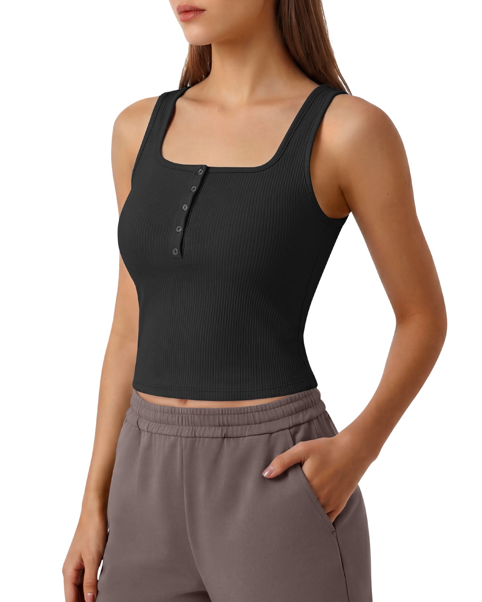 Neck Sleeveless Crop Tops G4Free Ribbed Cropped Henley Tank Top