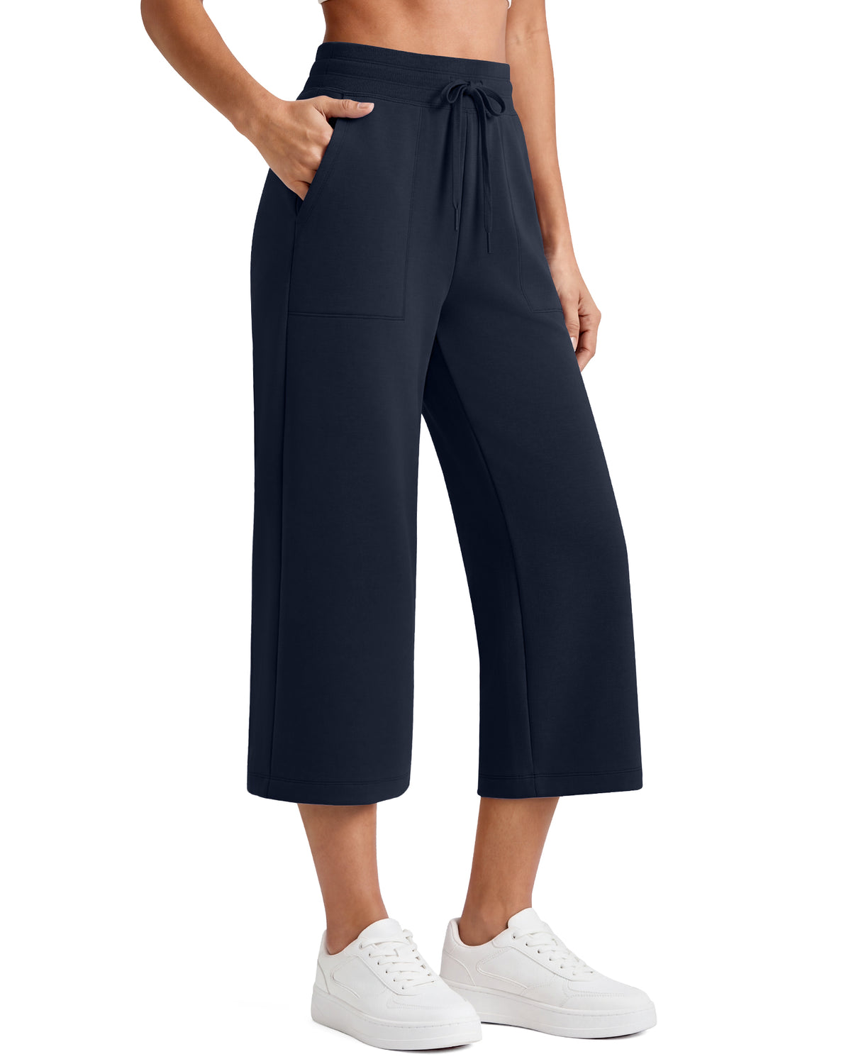 G4Free Smoofit High Waisted Drawstring Wide Leg Capris with Pockets