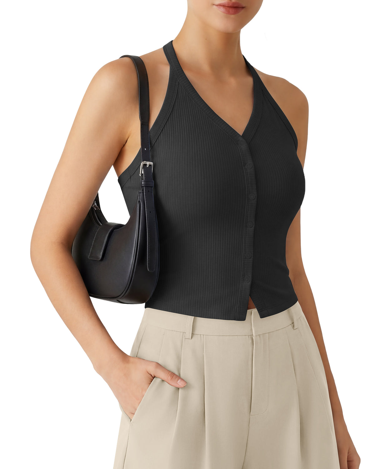 G4Free Ribbed Backless Halter Crop Cami