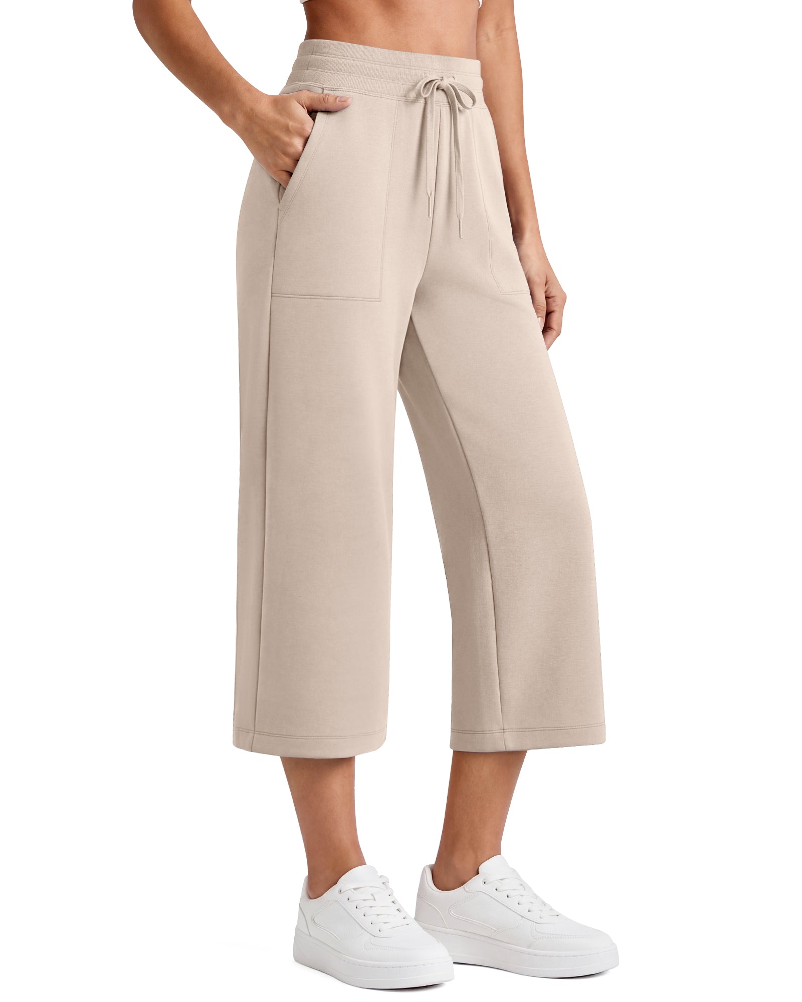 G4Free Smoofit High Waisted Drawstring Wide Leg Capris with Pockets