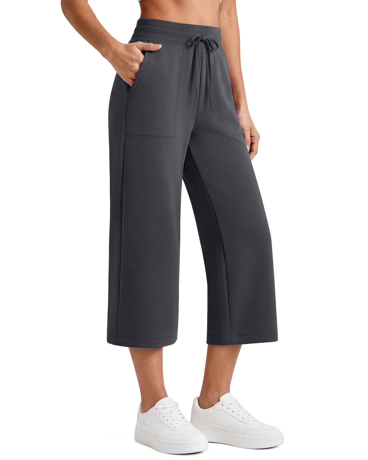 G4Free Smoofit High Waisted Drawstring Wide Leg Capris with Pockets