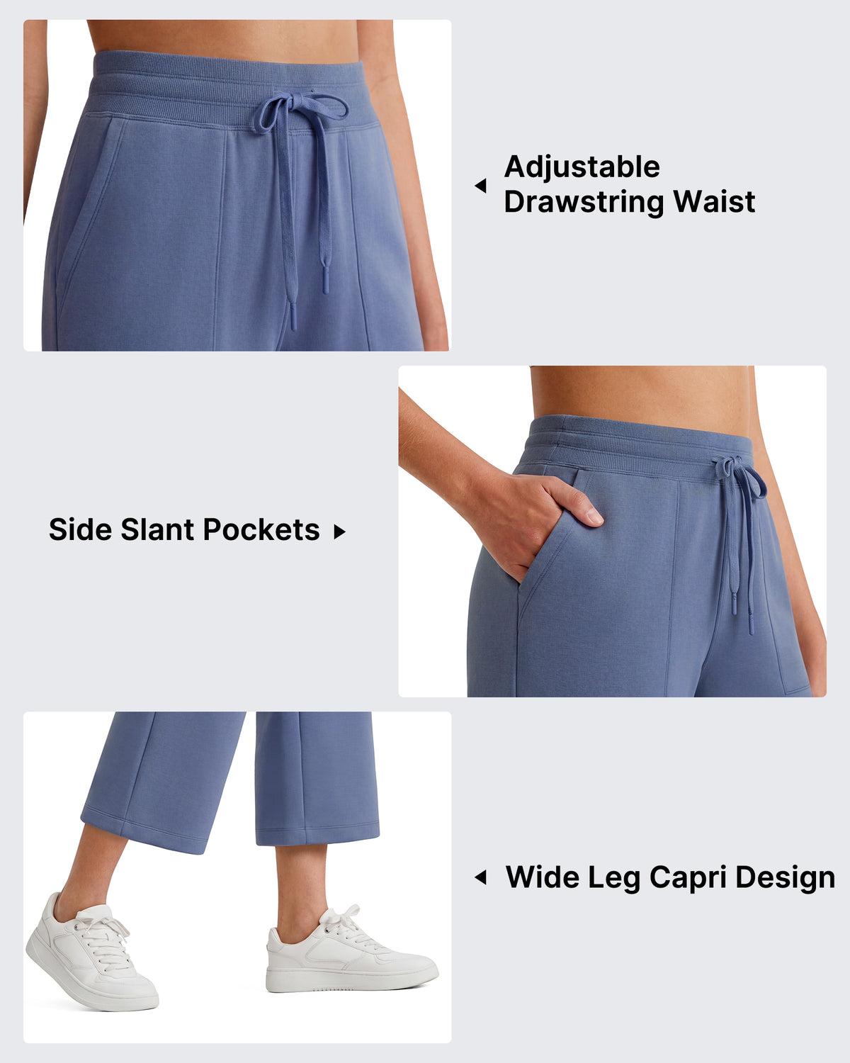G4Free Smoofit High Waisted Drawstring Wide Leg Capris with Pockets