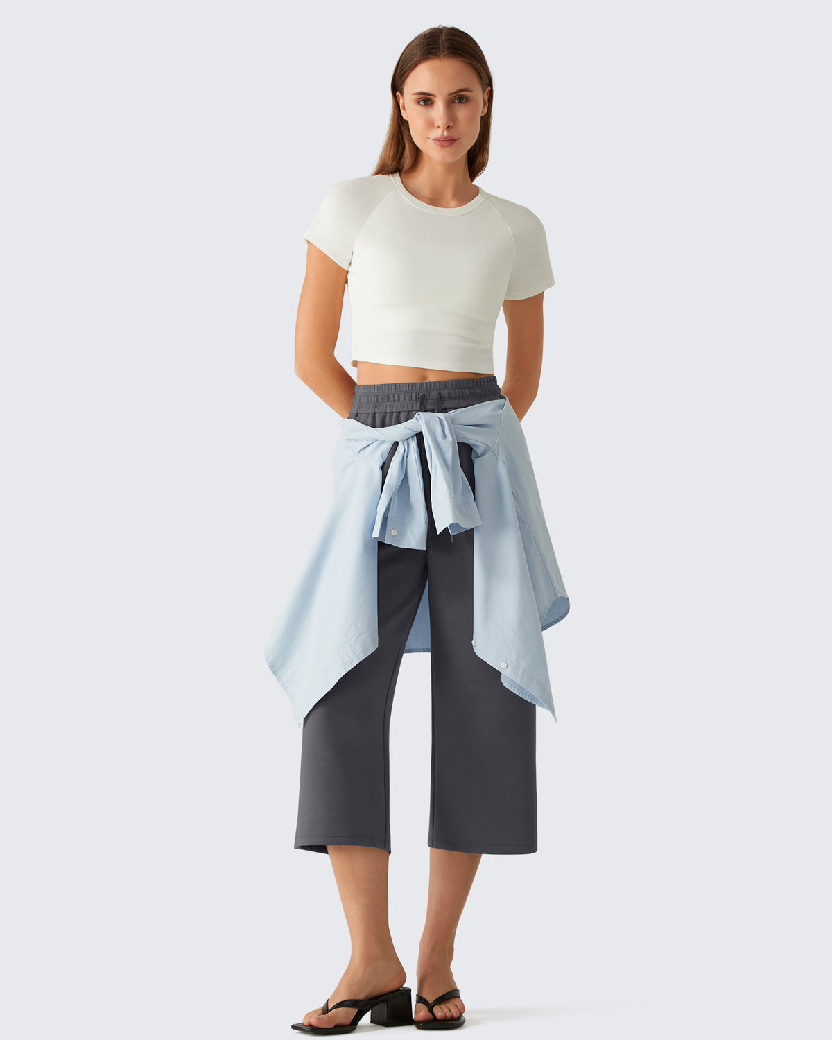 G4Free Smoofit Drawstring Wide Leg Capri Pants with Pockets