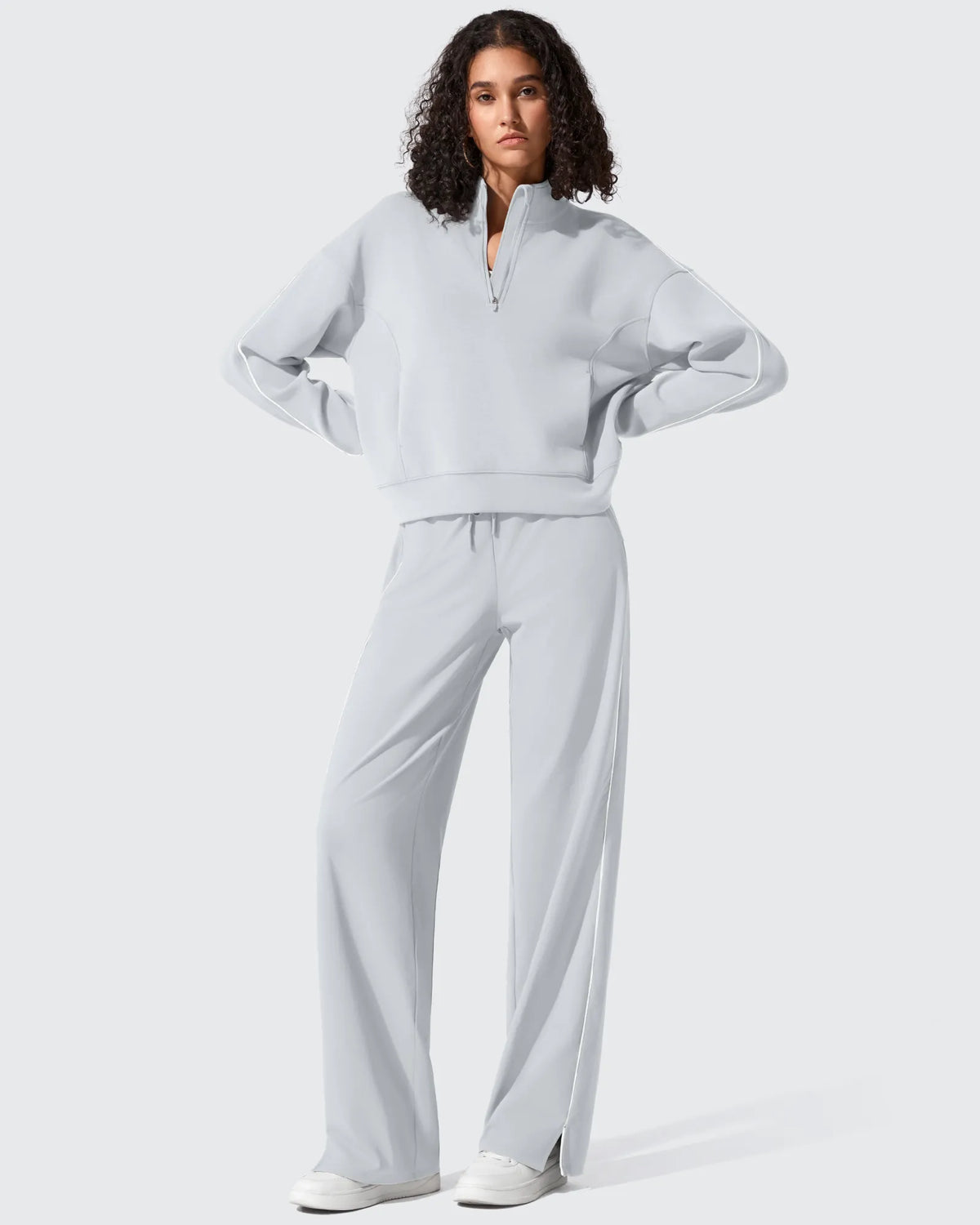 Smoofit Half-Zip White Piping Mock Neck Pullover Sweatshirts