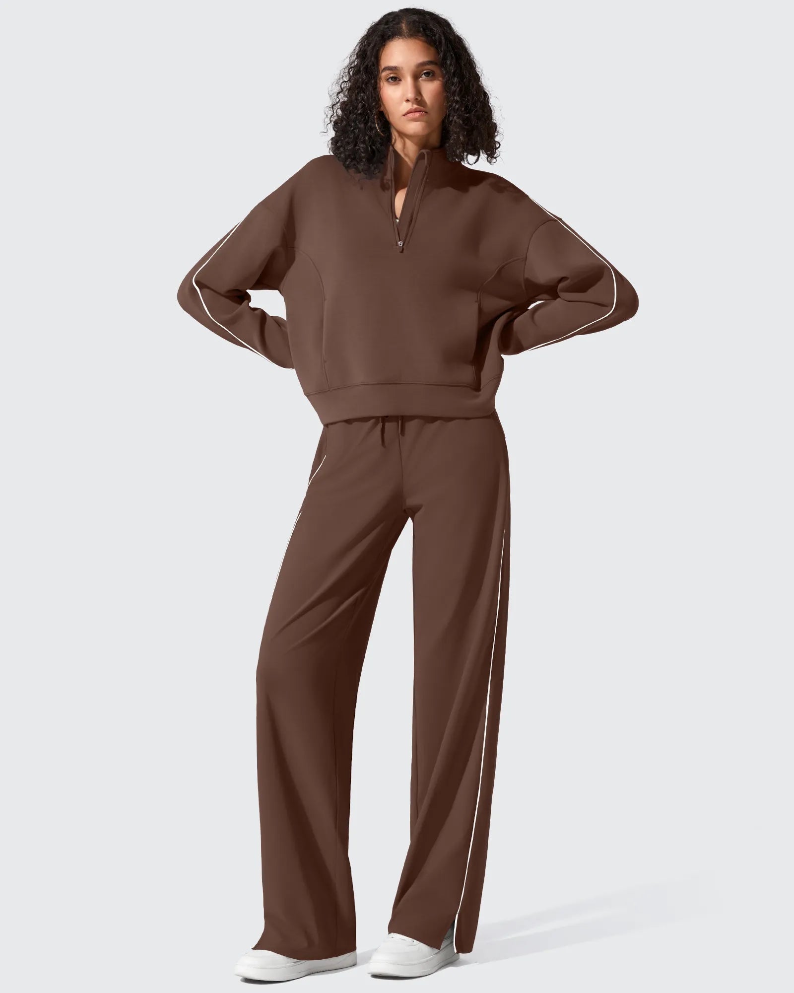 Smoofit Half-Zip White Piping Mock Neck Pullover Sweatshirts