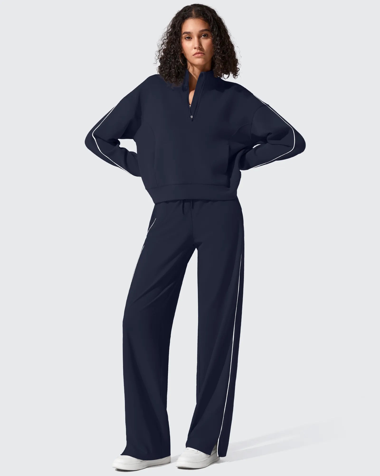 Smoofit Half-Zip White Piping Mock Neck Pullover Sweatshirts