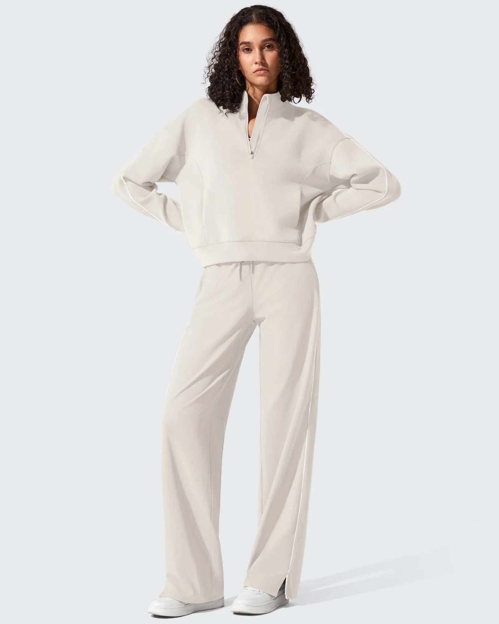 Smoofit Half-Zip White Piping Mock Neck Pullover Sweatshirts