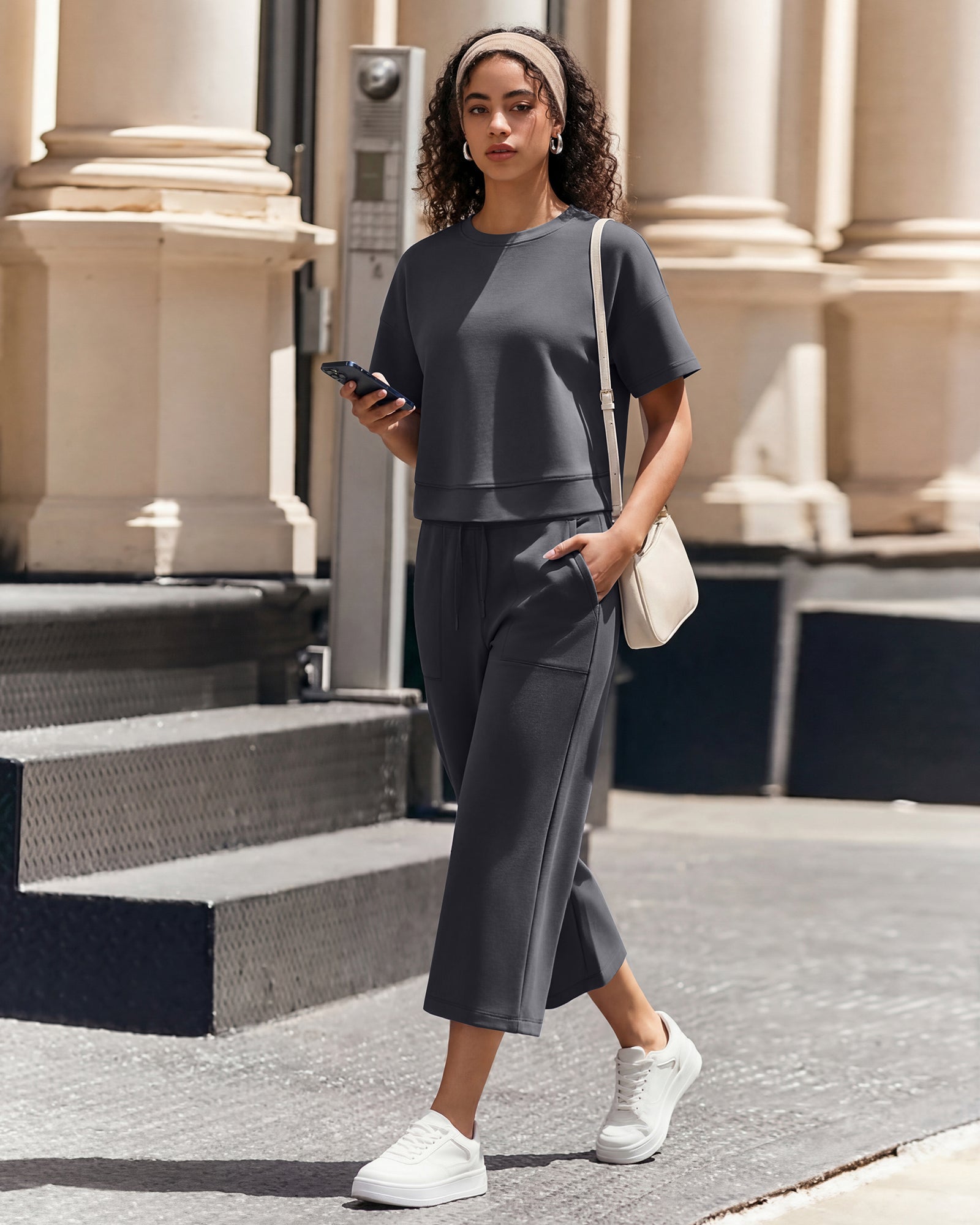 G4Free Smoofit High Waisted Drawstring Wide Leg Capris with Pockets