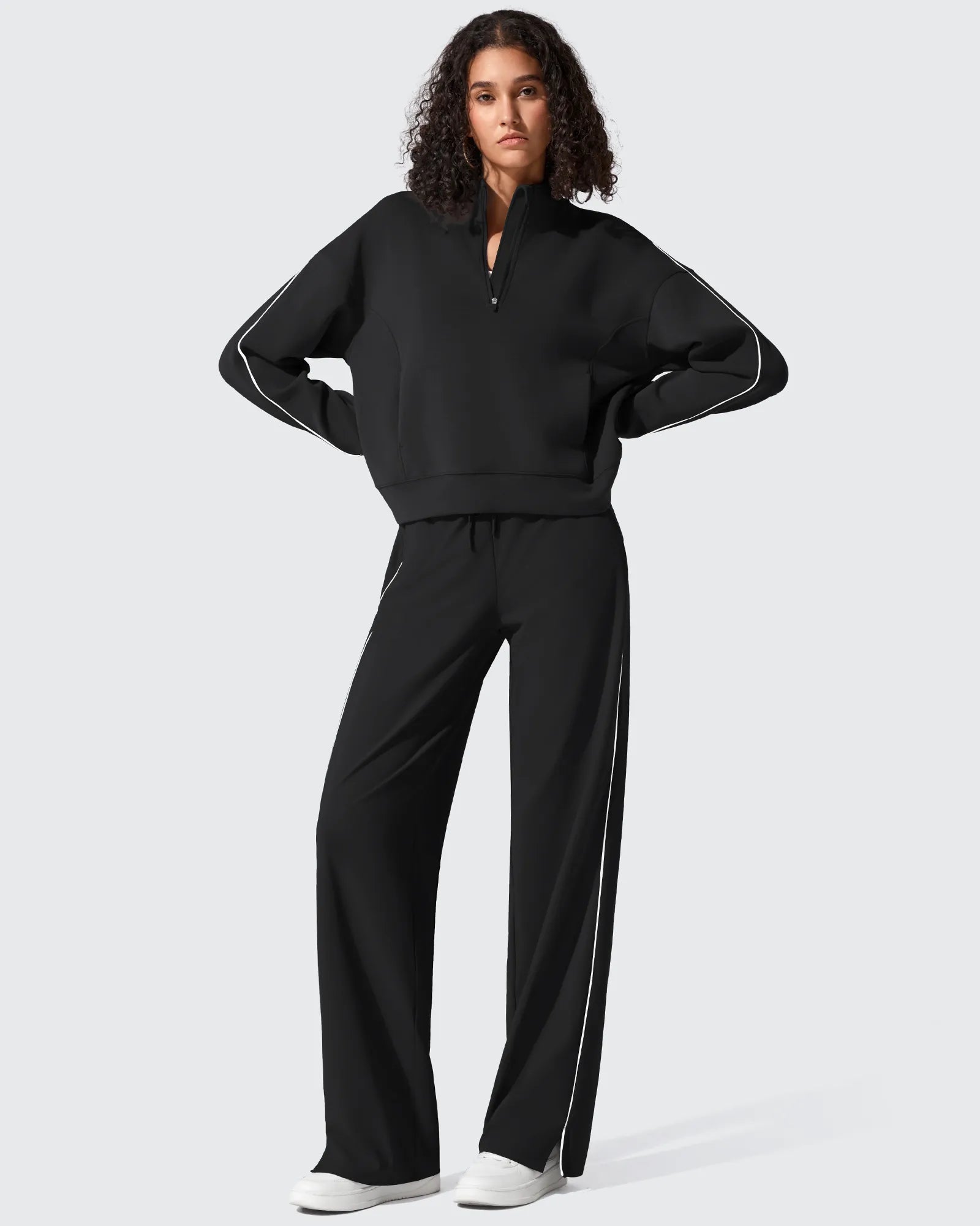 Smoofit Half-Zip White Piping Mock Neck Pullover Sweatshirts