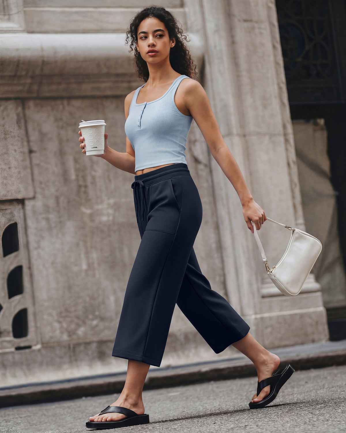 G4Free Smoofit High Waisted Drawstring Wide Leg Capris with Pockets