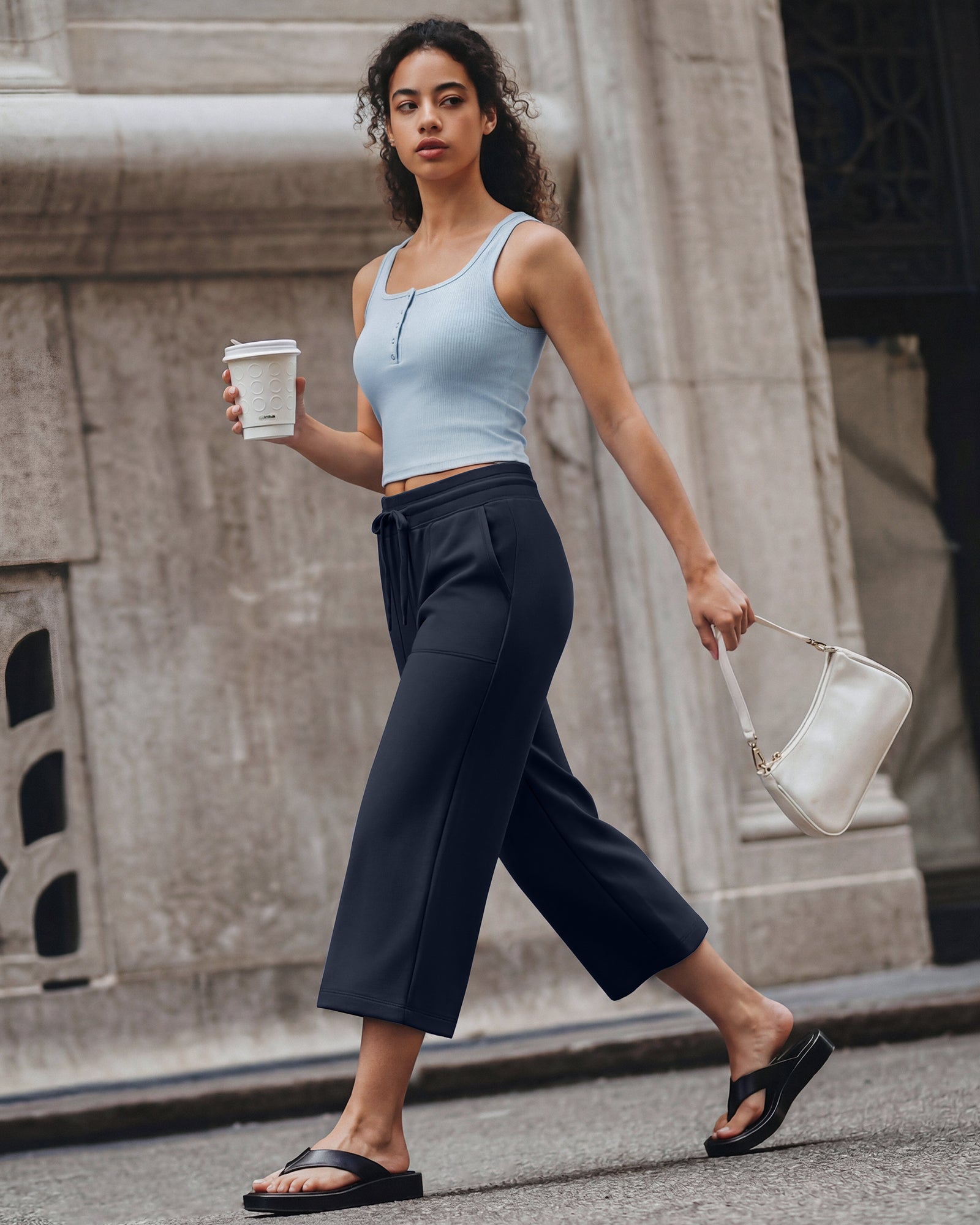 G4Free Smoofit High Waisted Drawstring Wide Leg Capris with Pockets