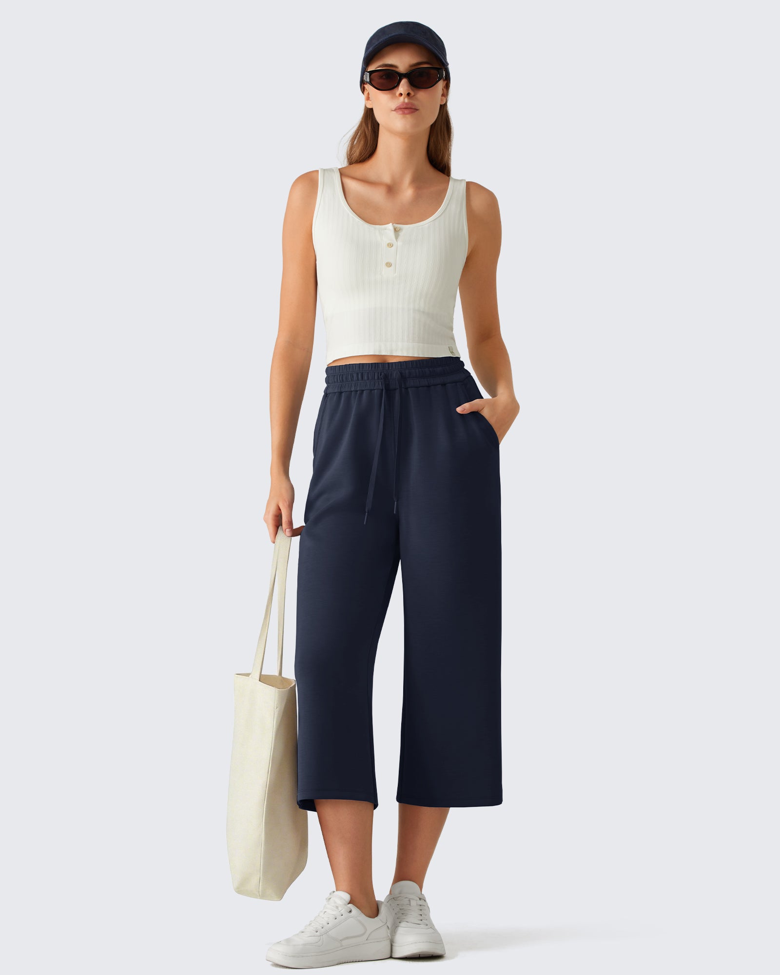 G4Free Smoofit Drawstring Wide Leg Capri Pants with Pockets