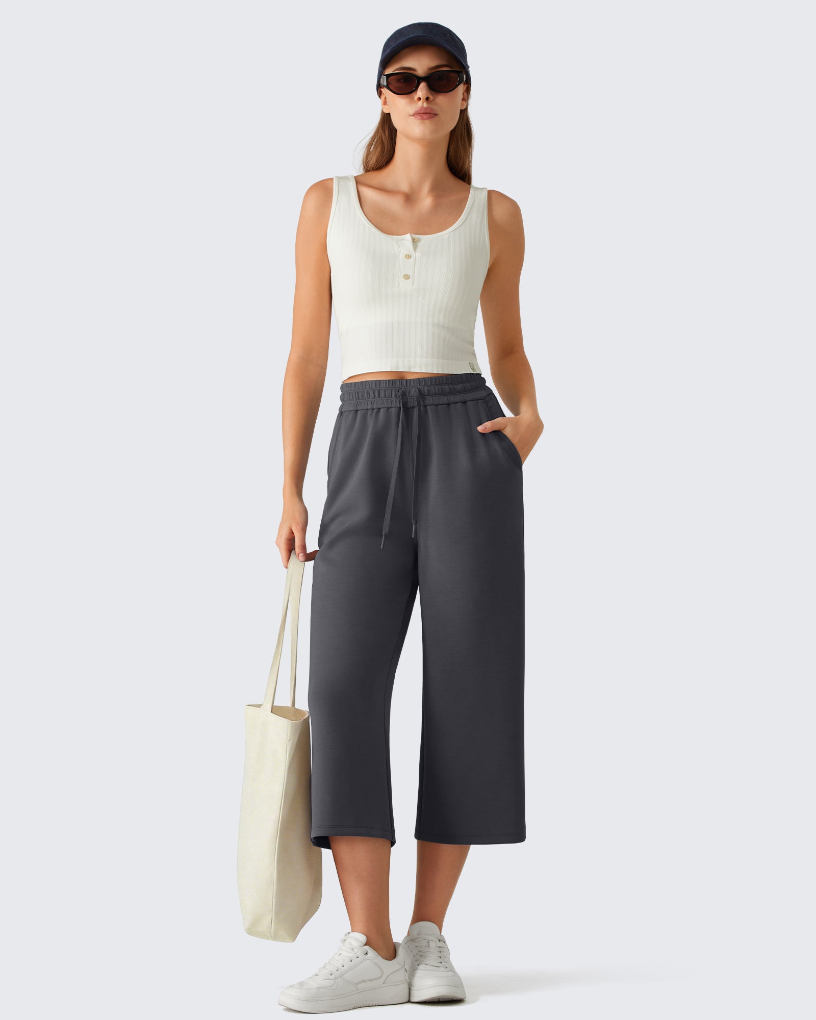 G4Free Smoofit Drawstring Wide Leg Capri Pants with Pockets