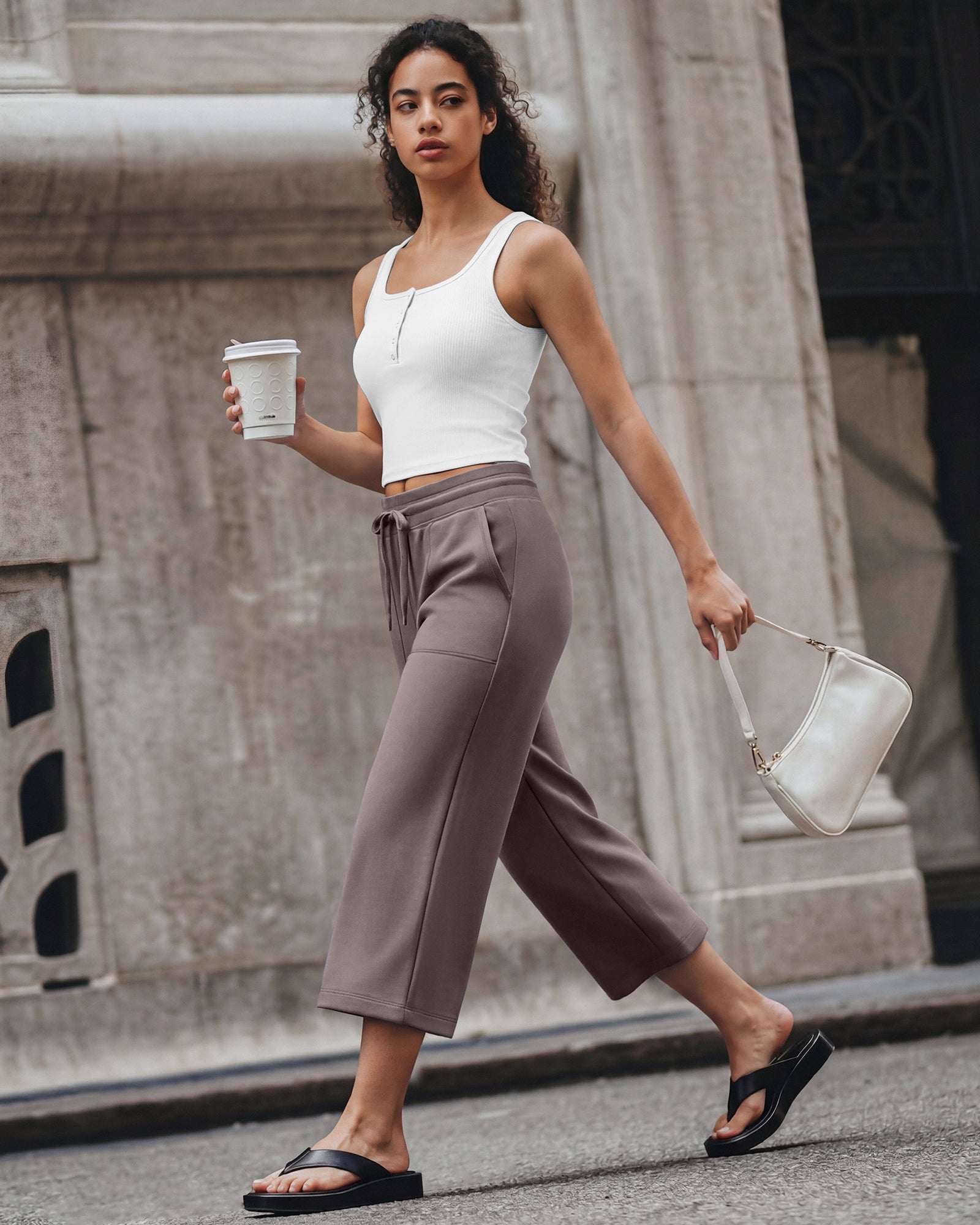 G4Free Smoofit High Waisted Drawstring Wide Leg Capris with Pockets