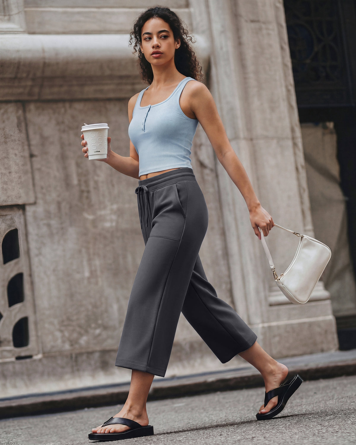 G4Free Smoofit High Waisted Drawstring Wide Leg Capris with Pockets