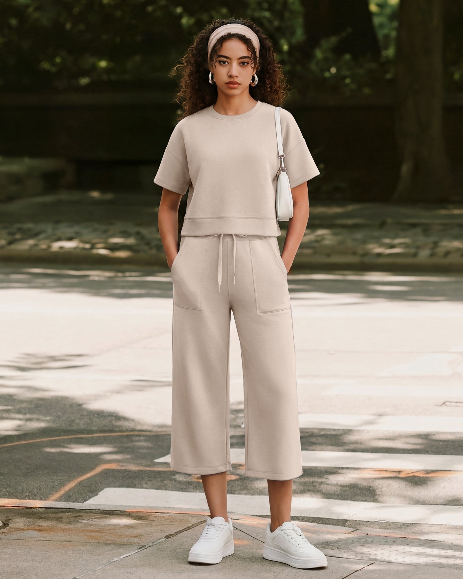 G4Free Smoofit High Waisted Drawstring Wide Leg Capris with Pockets