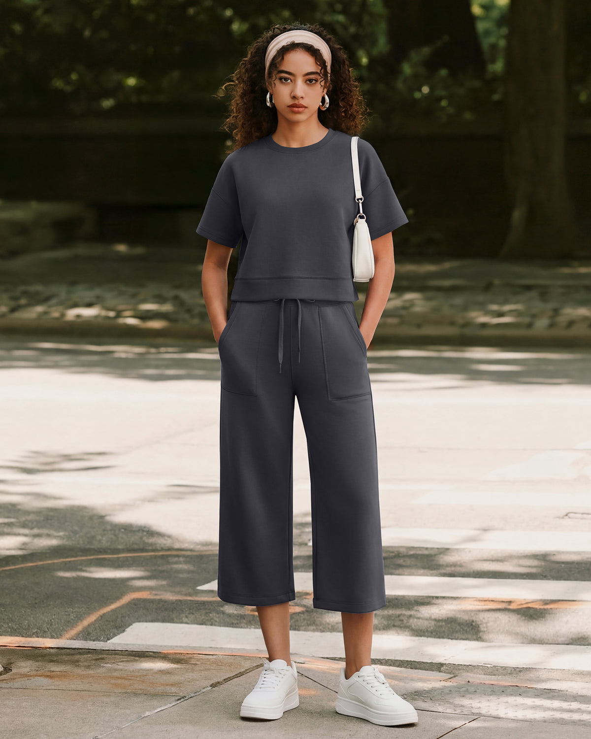 G4Free Smoofit High Waisted Drawstring Wide Leg Capris with Pockets