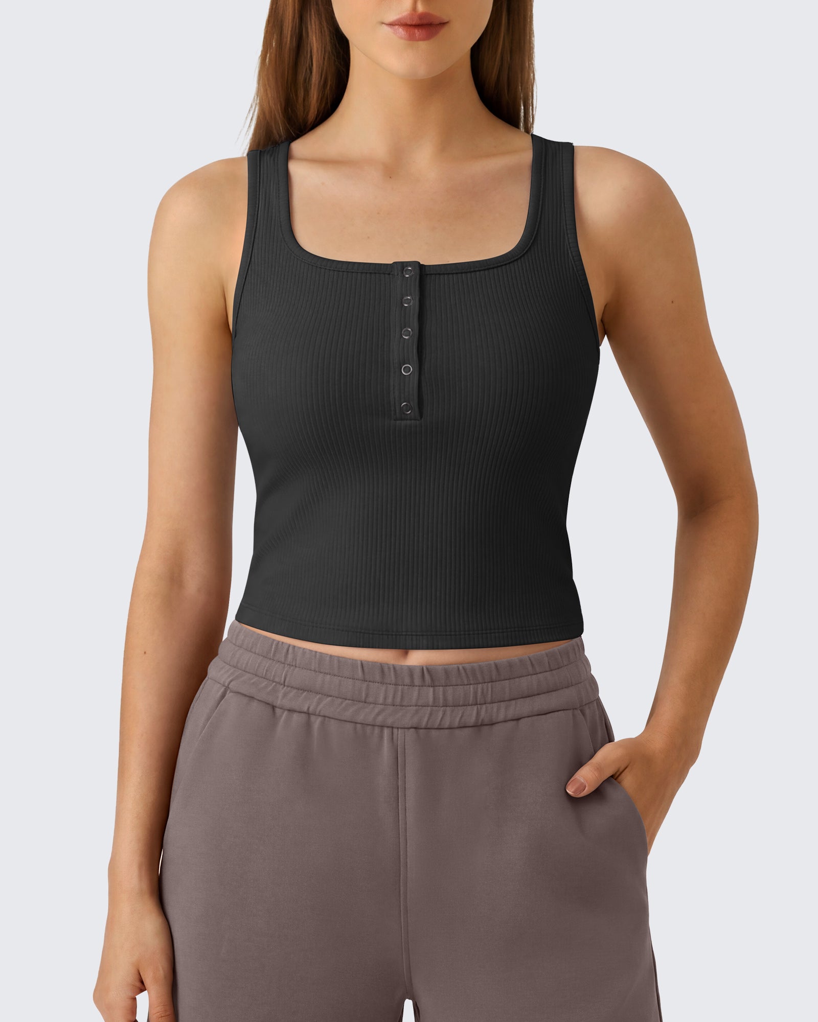 Neck Sleeveless Crop Tops G4Free Ribbed Cropped Henley Tank Top