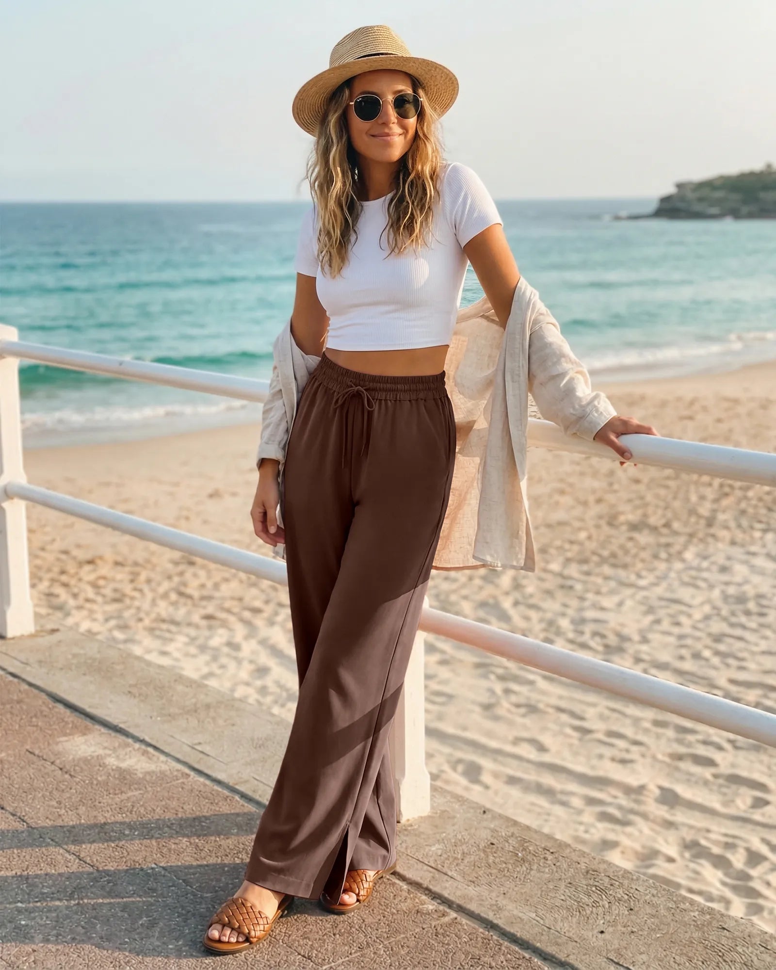 G4Free - Chillwhisp Drawstring Side Slit Flowy Palazzo Wide Leg Pants -GF26J855A001A-S