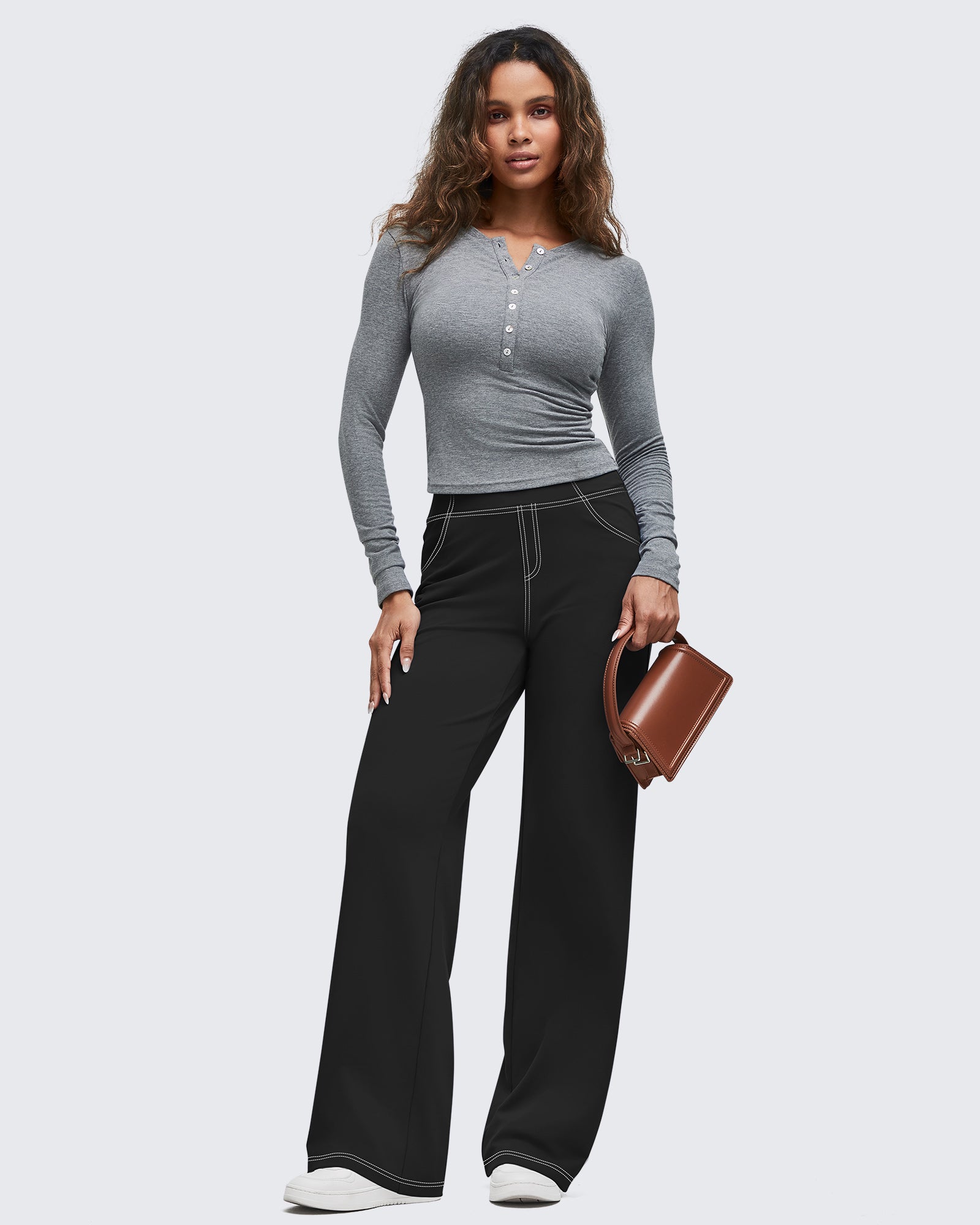 G4Free - EverGoing Contrast Stitch High-Waist Wide Leg Pants -GF25J581AA-S
