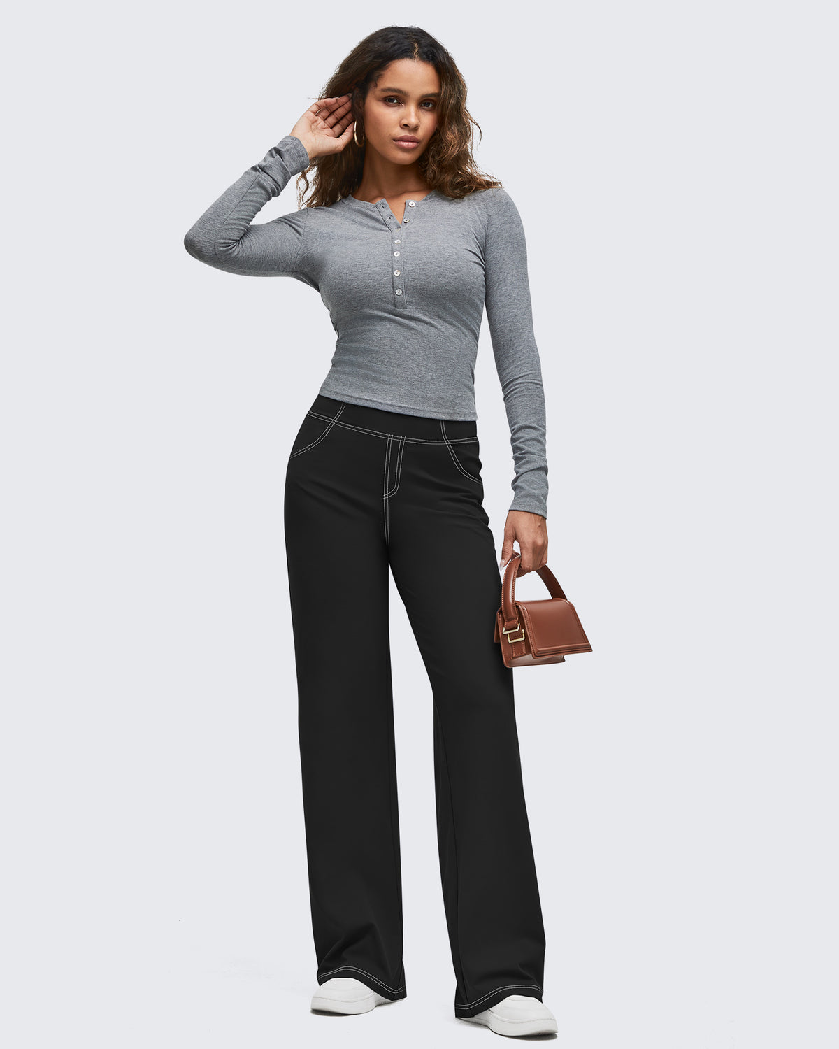 G4Free - EverGoing Contrast Stitch High-Waist Wide Leg Pants -GF25J581AA-S