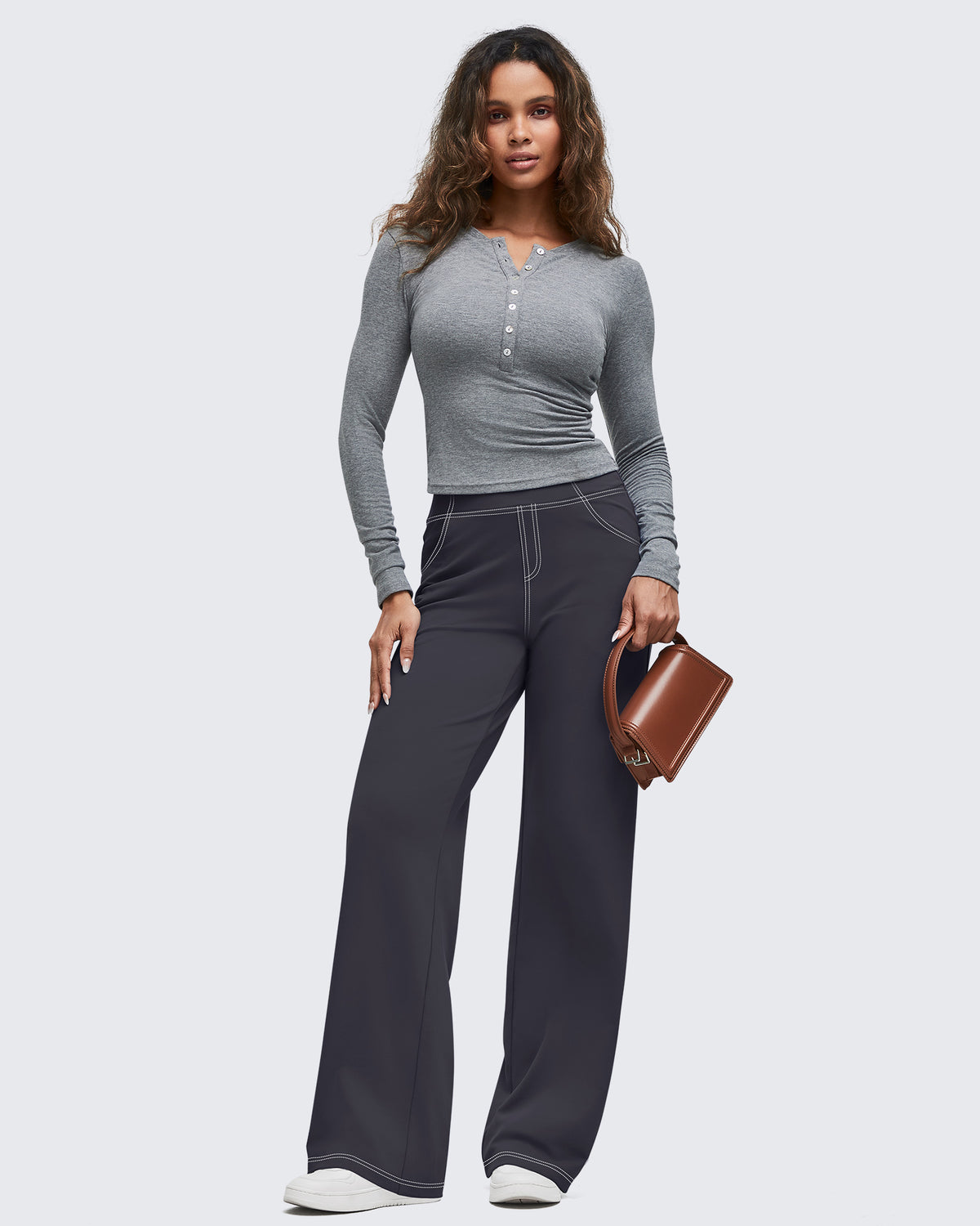 G4Free - EverGoing Contrast Stitch High-Waist Wide Leg Pants -GF25J581AA-S