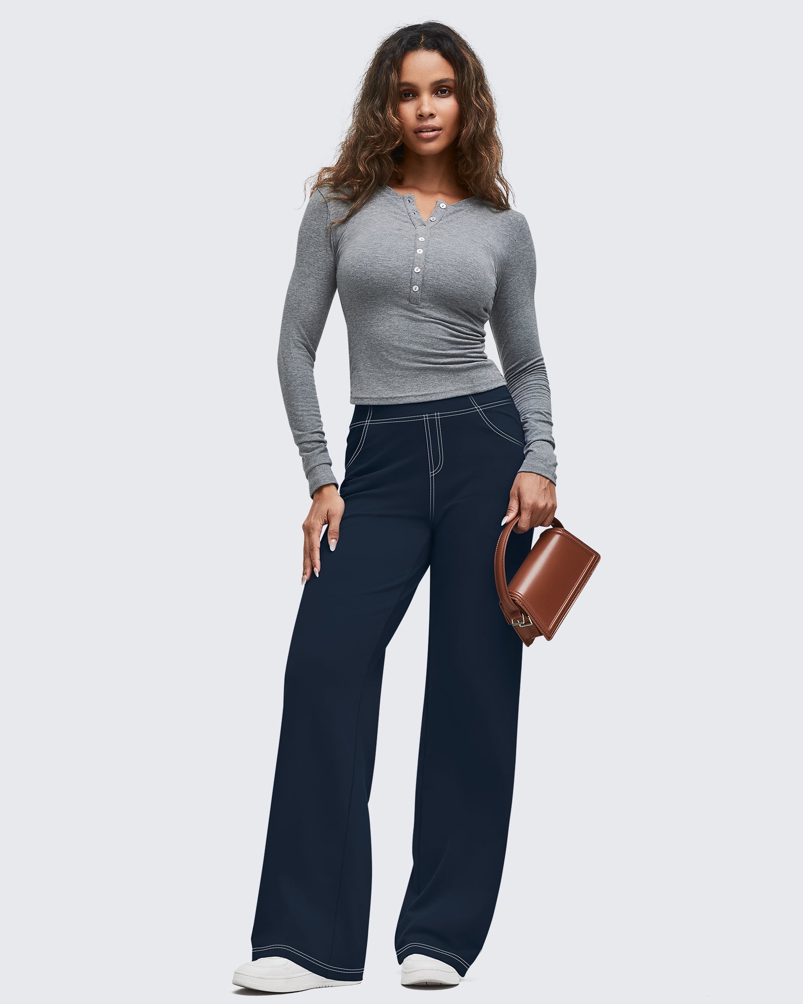 G4Free - EverGoing Contrast Stitch High-Waist Wide Leg Pants -GF25J581AA-S