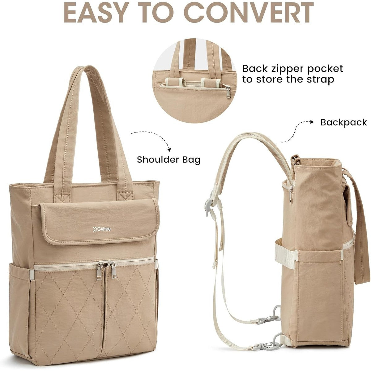 G4Free - G4Free 2 in 1 Tote Backpack Fits 15" Laptop, Women Bag Daypack -TN24B475A